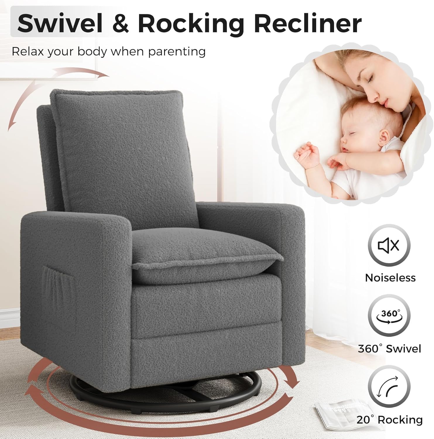 Amopatio Swivel Glider Recliner for Indoor, Nursery Rocker Chair Upholstered Single Sofa with Side Pockets and Footrest for Living Room Bedroom