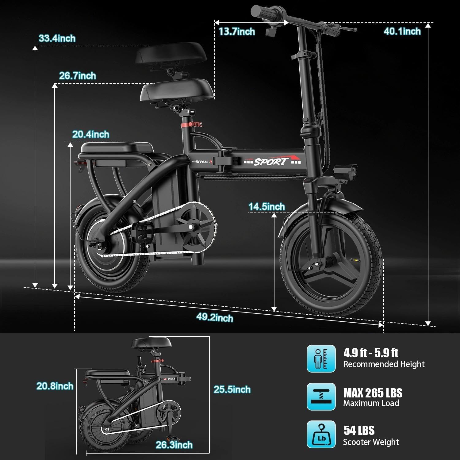 Electric Bike for Adults, 48V 15AH Removable Battery, 25MPH 35Miles Commuting Ebikes for Women Men, 500W Brushless Motor, Lightweight 14'' Tires Folding Electric Bicycles, LCD Display (500W 480WH)