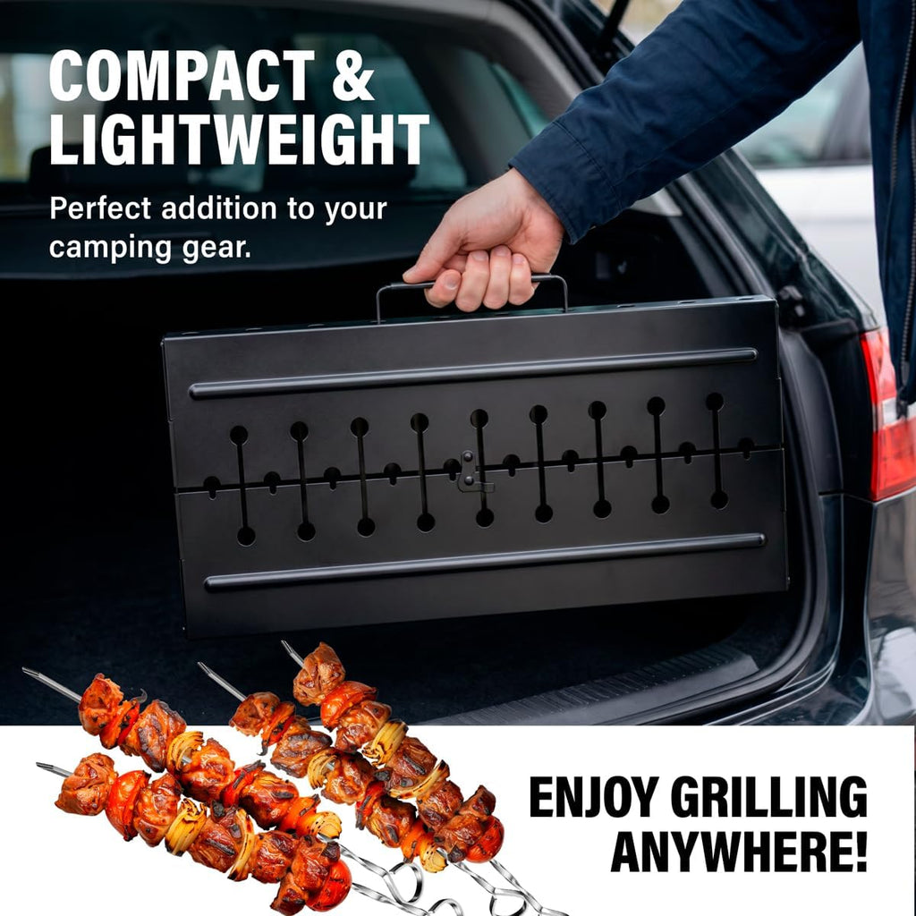 Charcoal Grill for 10 Skewers - Portable BBQ Mangal - Foldable Metal Grill for Shashlik, Kebab, Picnic, Outdoor Cooking (Skewers Not Included)