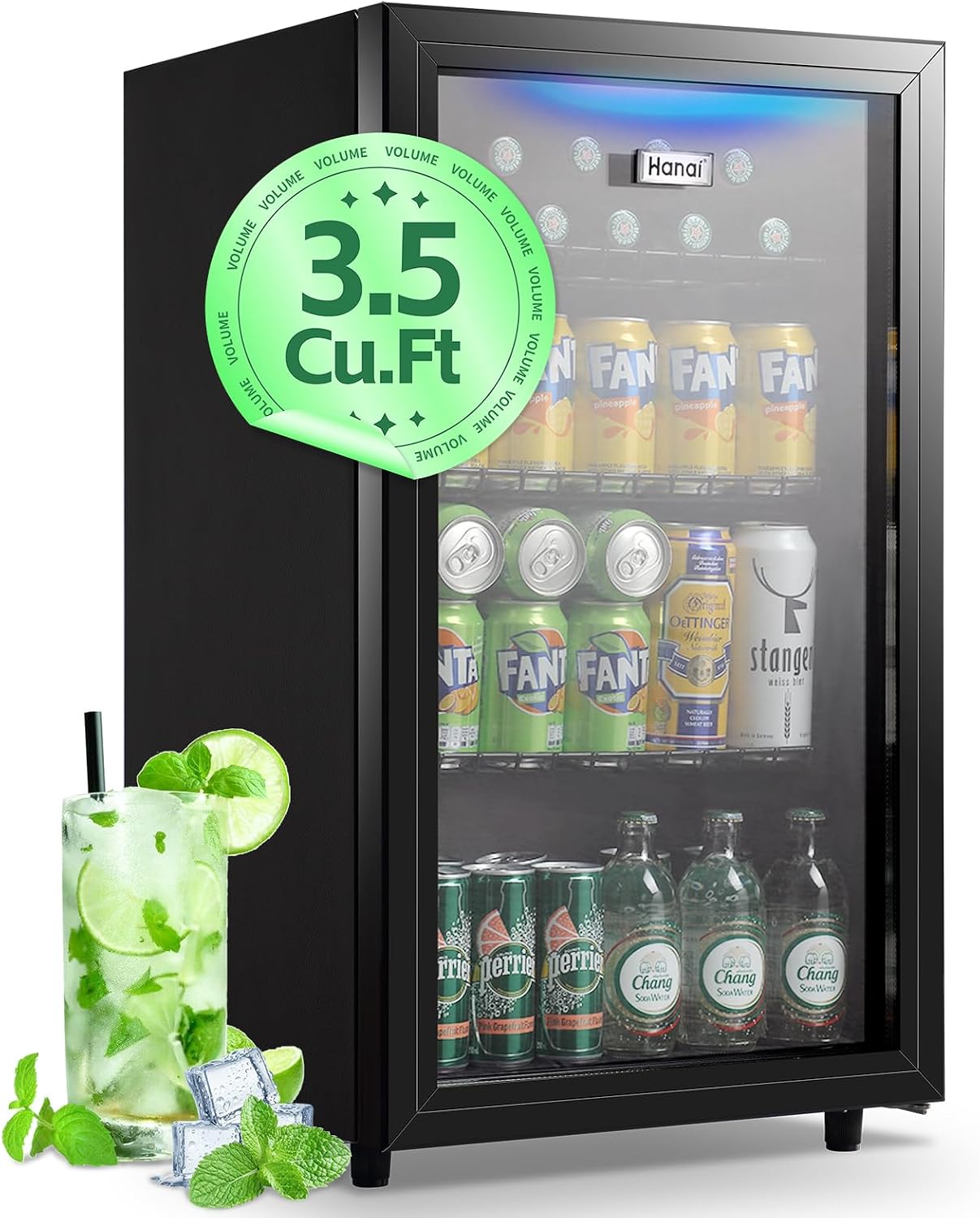 WANAI Beverage Refrigerator Cooler 3.5 Cu.Ft, 120 Can Mini Small Fridge with Glass Door LED Light and Adjustable Shelves for Soda Beer or Wine, Perfect for Home Bar Office, Black