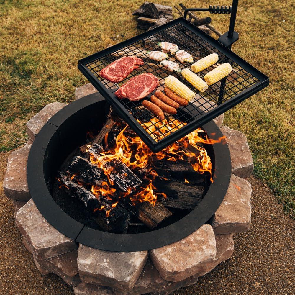 TITAN GREAT OUTDOORS Ash & Ember Adjustable Swivel Grill, Steel Mesh Wire Cooking Grate with Spike Pole, Open Fire Portable BBQ Camping Gear