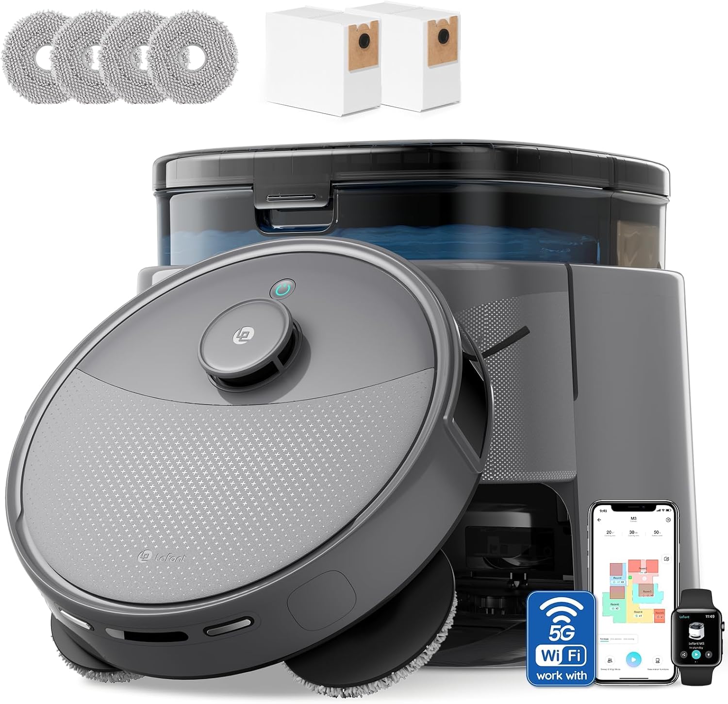 Lefant LiDAR Robot Vacuum and Mop, 20000Pa Suction, 90-Day Self-Emptying, Obstacle Avoidance, Auto Mop Washing&Drying, All-in-One for Pet Hair Carpet, 5G WiFi Alexa/APP/iWatch Control, M3 Max