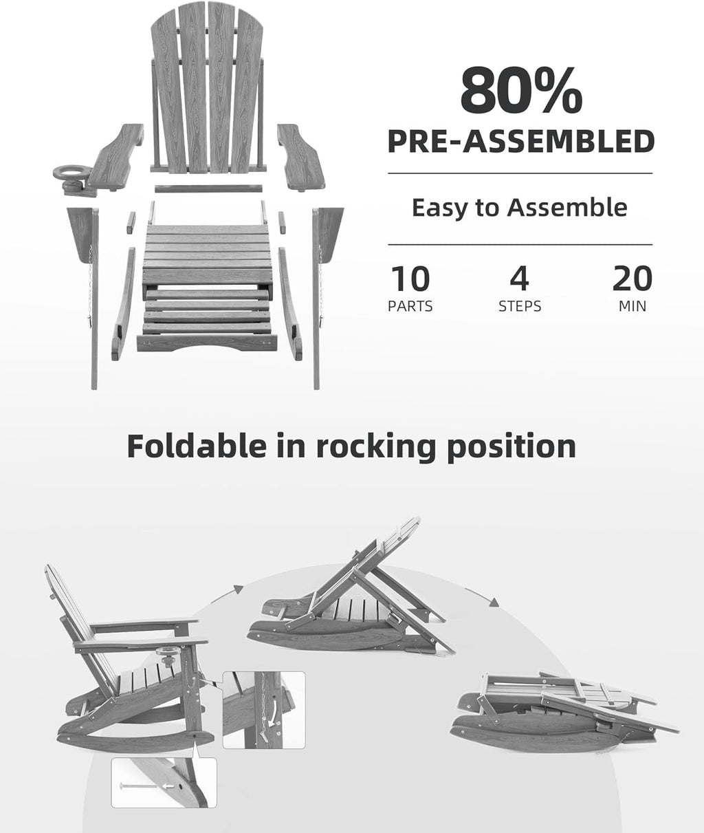 Folding Adirondack Rocking Chair Set of 2,4-in-1 Multifunctional Patio Chairs with Retractable Ottoman, Outdoor Chairs Wood Texture, Lawn Chair for Porch, Backyard, Pool(Grey)