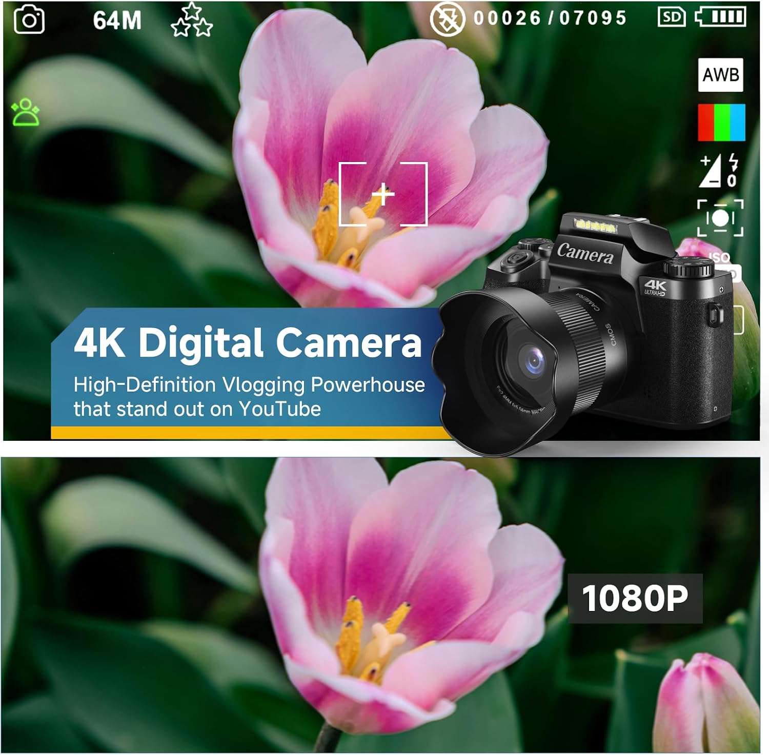 4K Digital Camera for Photography, 64MP Dual Lens Vlogging Camera with 4.0' Touchscreen, Point and Shoot Camera for Beginners Teens, WiFi Digital Camera with 16X Digital Zoom & 64GB SD Card