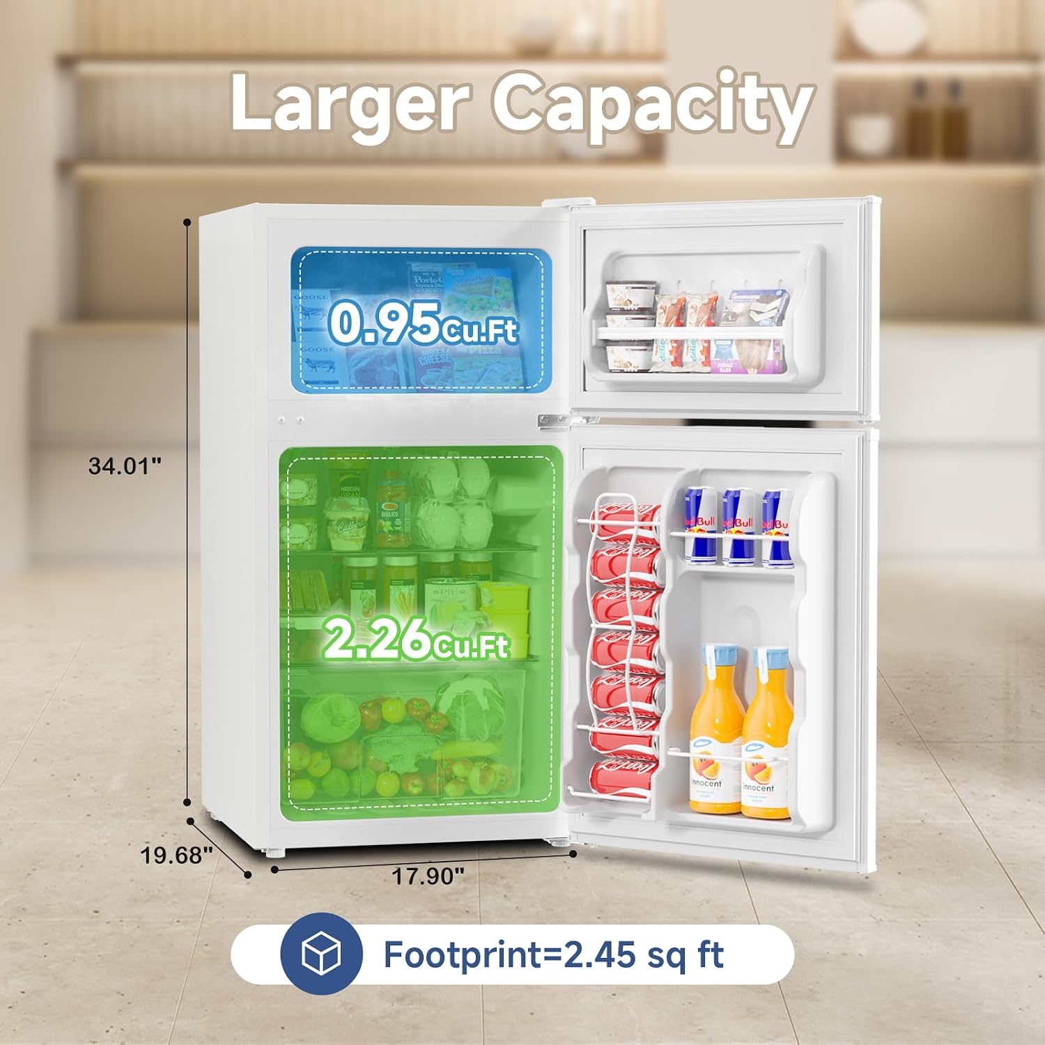 BANGSON 3.2 CU.FT Mini Fridge with Freezer Bedroom, 2 Door Office Small Refrigerator, Quiet Compact Fridge for Home, Dorm, Apartment, Garage, RV, Adjustable Thermostat, Low Noise, Black, White