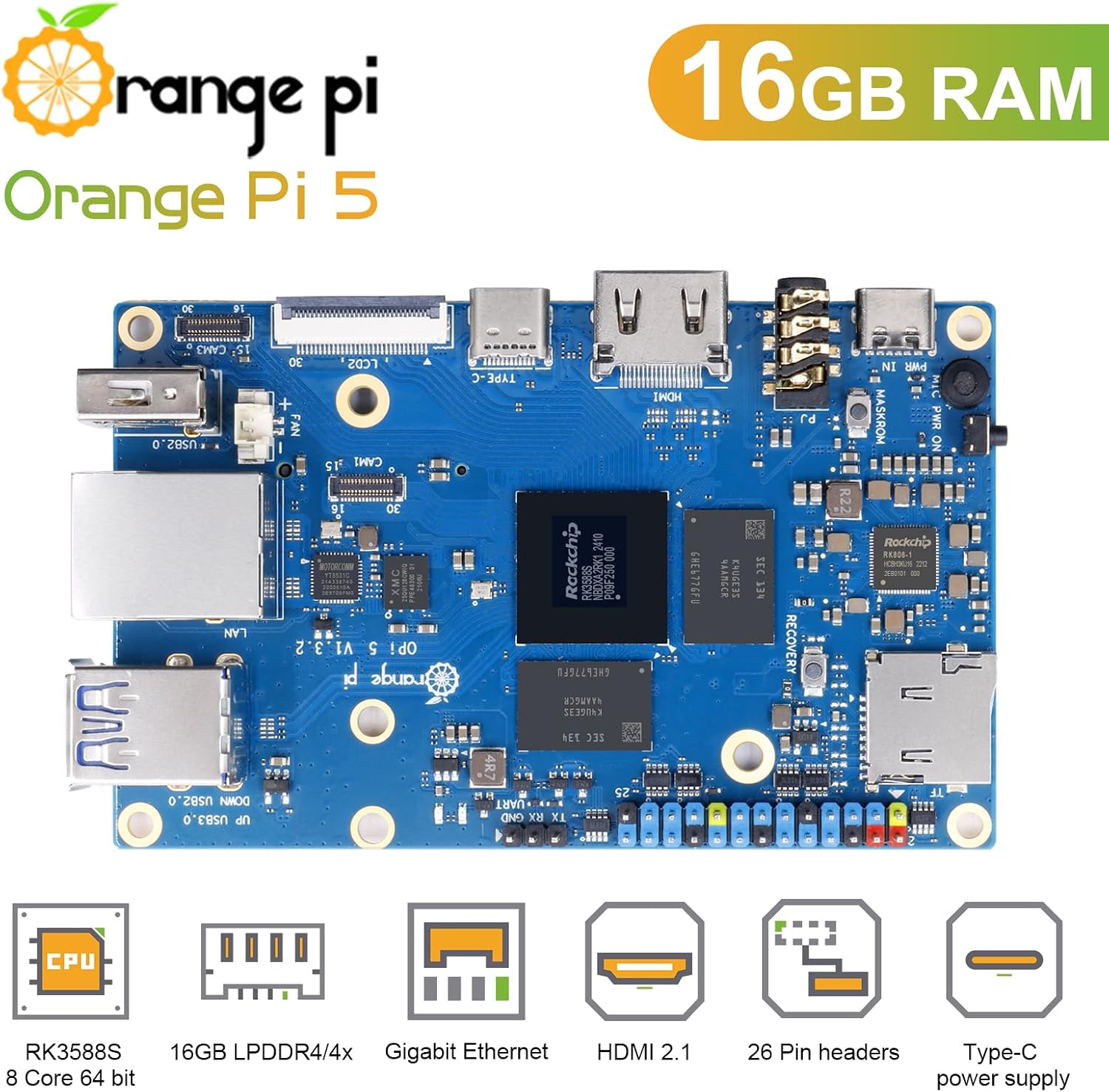 Orange Pi 5 16GB Rockchip RK3588S 8 Core 64 Bit Single Board Computer, 2.4GHz Frequency 8K Video Decoding Open Source Board Mini PC Run Orange Pi OS,Android12,Debian11 (Pi 5 16GB+5V4A TypeC Supply)