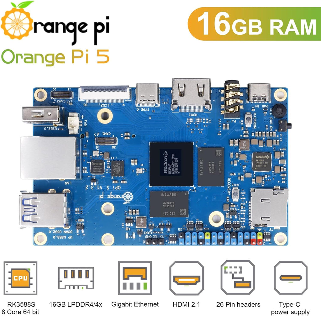 Orange Pi 5 16GB Rockchip RK3588S 8 Core 64 Bit Single Board Computer, 2.4GHz Frequency 8K Video Decoding Open Source Board Mini PC Desktop Run Orange Pi OS, Android12, Debian11 (Pi 5 16GB)
