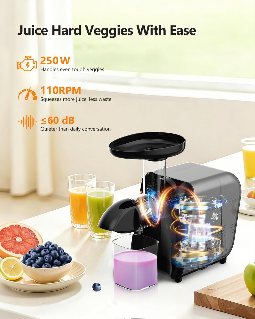 2026 LUFVEBUT Slow Cold Press Juicer with Reverse Function, Masticating Juicer Machines or Soft & Hard Vegetable Fruit High Juice Yield, Easy to Clean 250W High Power BPA-Free Dishwasher Safe