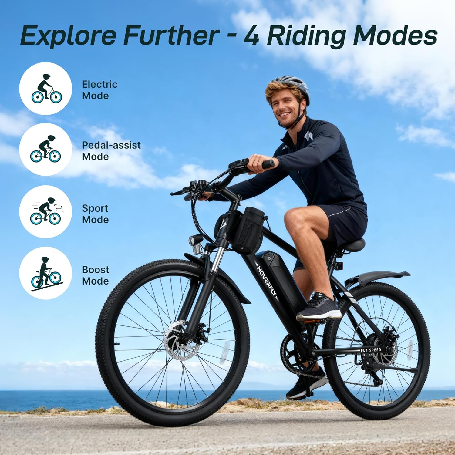 Hoverfly OUREA 26' Electric Bike for Adults, 750W Peak Motor Mountain Ebike, Max 20MPH, Up to 40 Miles, UL2849 Certified, 7-Speed, Removable Battery, Shock Absorber, Fat Tire Commuter E-Bike