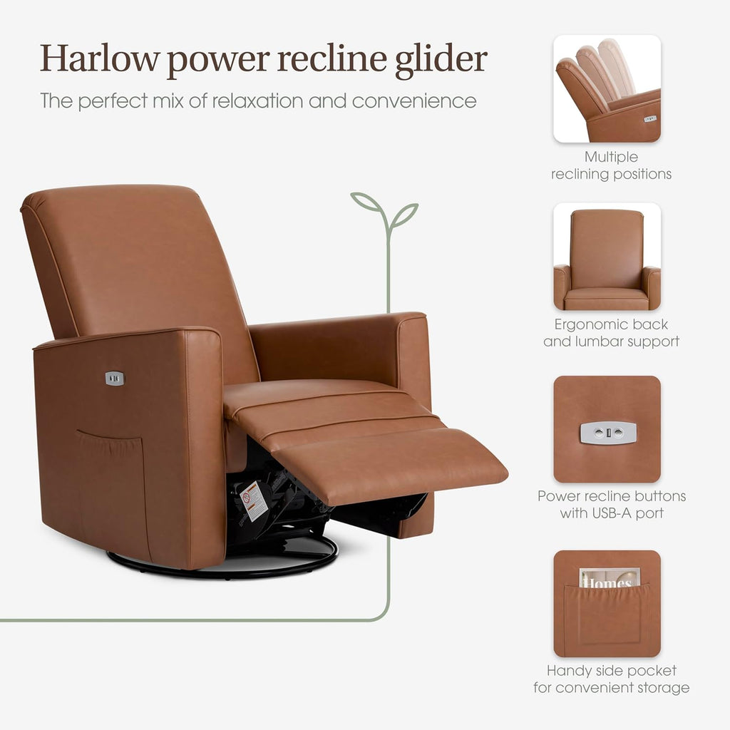 Evolur Harlow Upholstered Power Glider Recliner with USB Charging – Rocking & 275° Swivel with Smooth Glide – Greenguard Gold & FSC Certified – Modern Nursery and Living Room Chair in Cognac