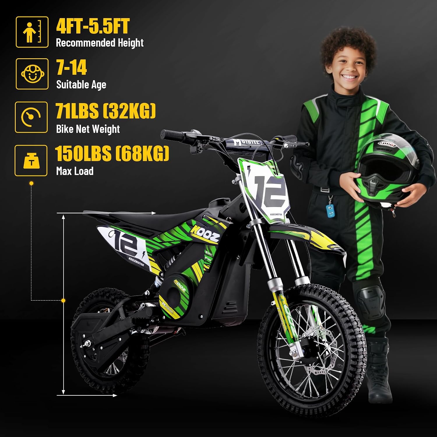 KOOZ HP112E 36V 1000W Electric Dirt Bike for Kids, 3 Speed Modes Teen Electric Motorcycle Up to 18 MPH & 15 Miles Long-Range, Dual Suspension & Disc Brake, 16' Sturdy Tire for Kids Teenagers, Green