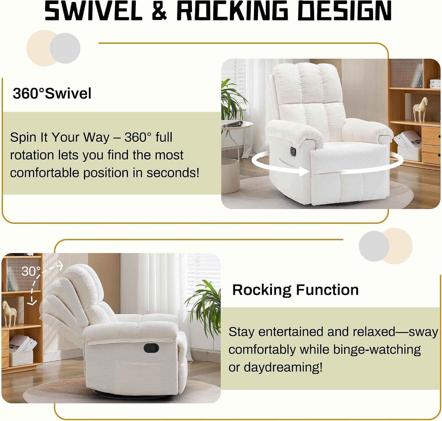 Korser Recliner Chair, Swivel Rocker Recliner Chair for Adults, Small Recliners for Small Spaces, Upholstered Manual Recliner with Side Pockets, Nursery Rocking Chair for Living Room, Chenille, Beige