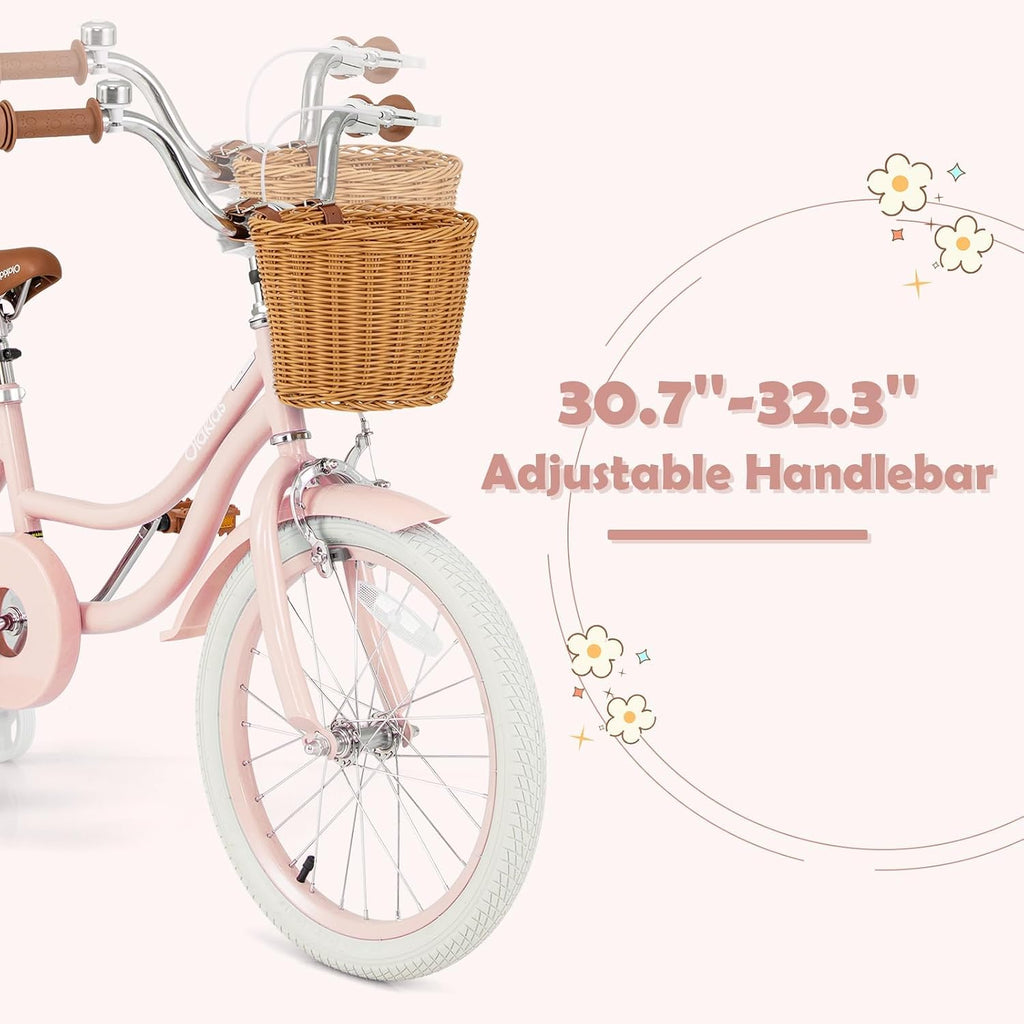 Olakids Kids Bike, 12 14 16 18 20 Inch Toddlers Bike with Training Wheels Rattan Basket Safety Bell Adjustable Seat and Handlebar, Children's Bicycle for Girls Boys