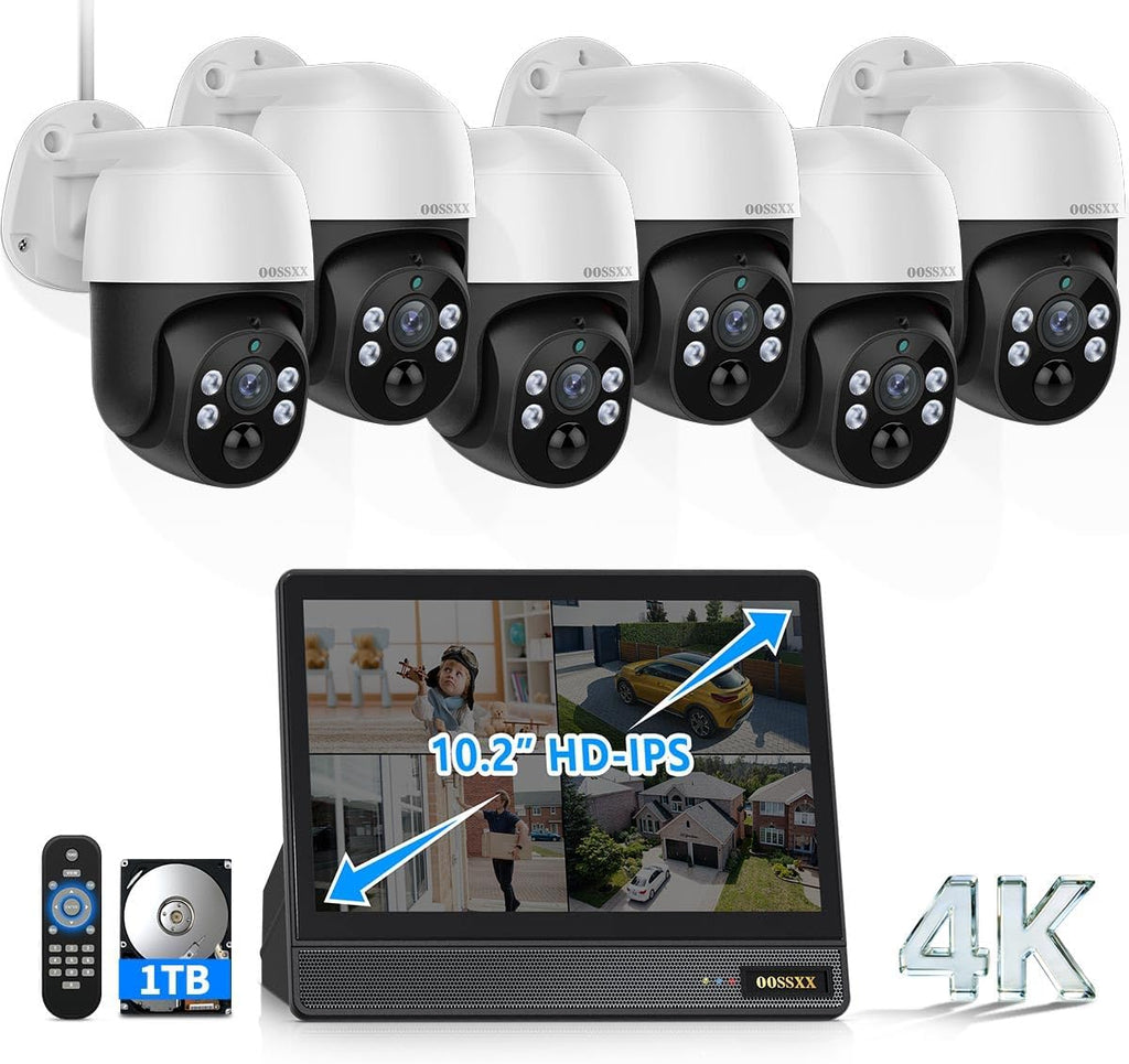 (2026 New) 4K PoE PTZ Security Camera System with 10'' Monitor, 8CH NVR, 6 Wired Outdoor Cameras, Pan Tilt Auto Tracking, AI Human Detection, Free App, No Monthly Fee, IP65