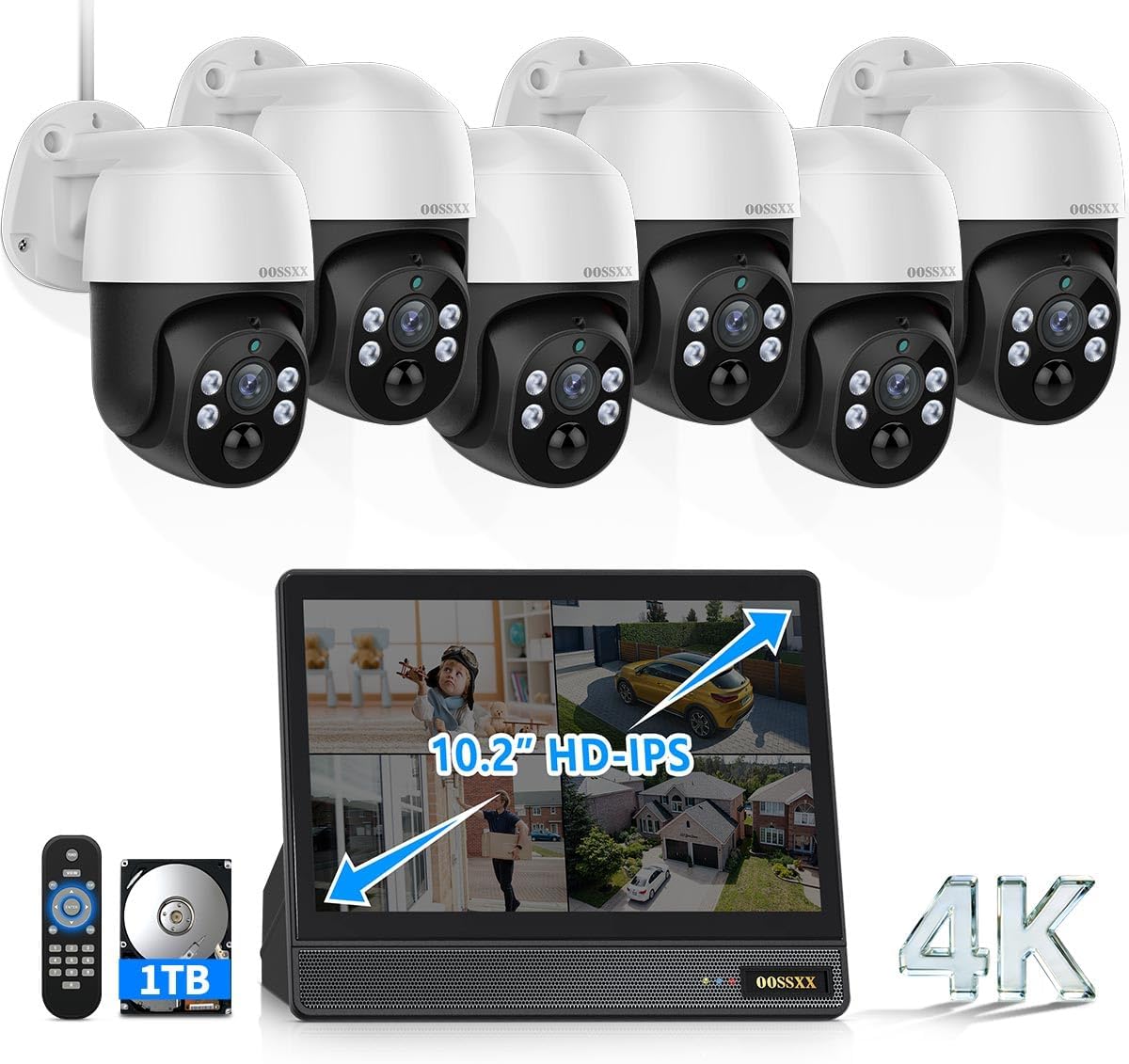 (2026 New) 4K PoE PTZ Security Camera System with 10'' Monitor, 8CH NVR, 6 Wired Outdoor Cameras, Pan Tilt Auto Tracking, AI Human Detection, Free App, No Monthly Fee, IP65