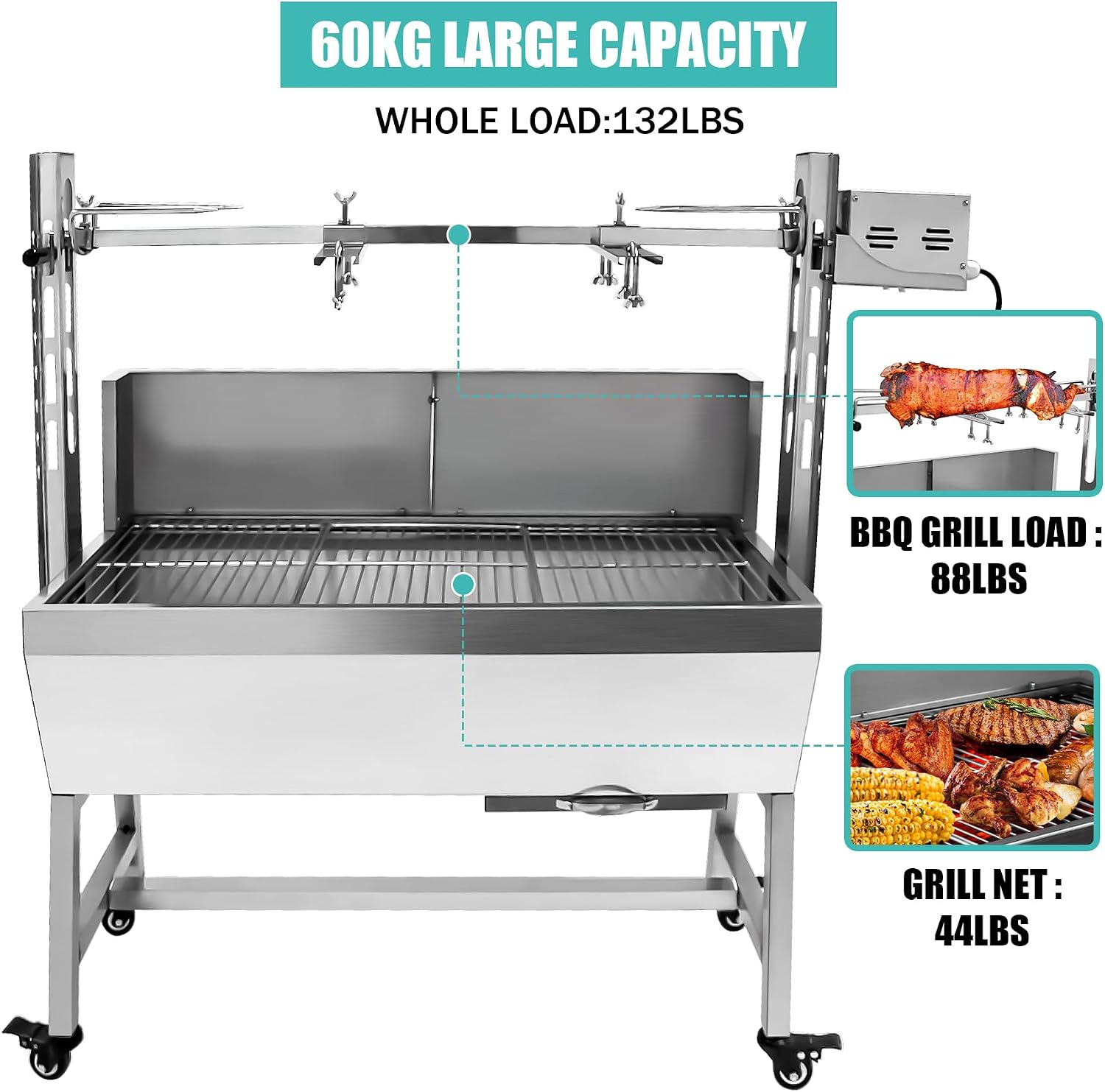 25w 37in Electric Rotisserie Grill Portable 132lbs Portable Stainless Steel Rotisserie Grill Roster With Wheels, Motor, Wind Baffle For Pig Chicken Lamb Rotisseries Roasting Machine