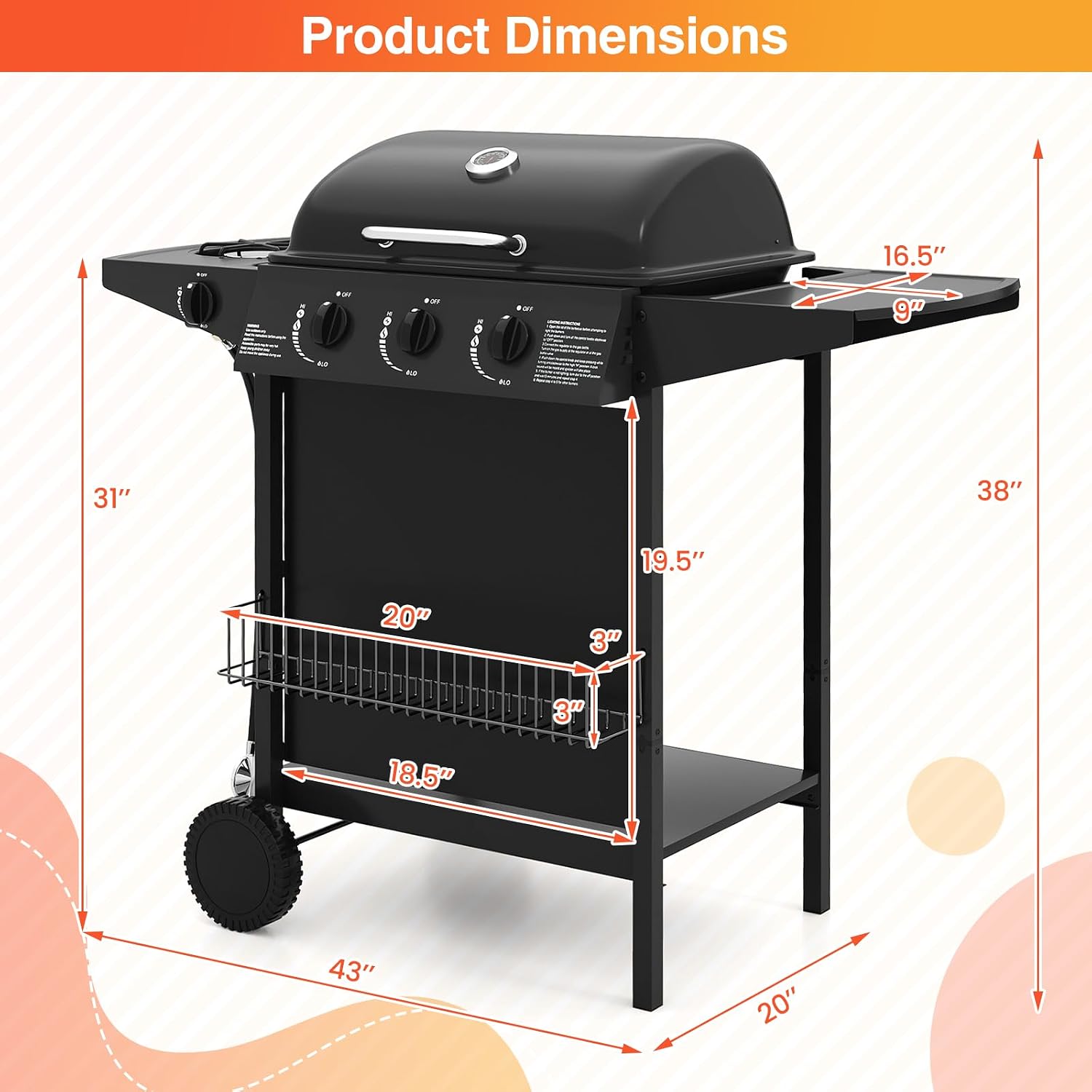 Happygrill 3 + 1 Burner Propane Gas Grill, 39,000 BTU Outdoor Cooking Grill w/Storage Shelves & Porcelain-Enameled Grates, Portable BBQ Grills on Wheels w/Thermometer for Backyard, Camping & Picnic