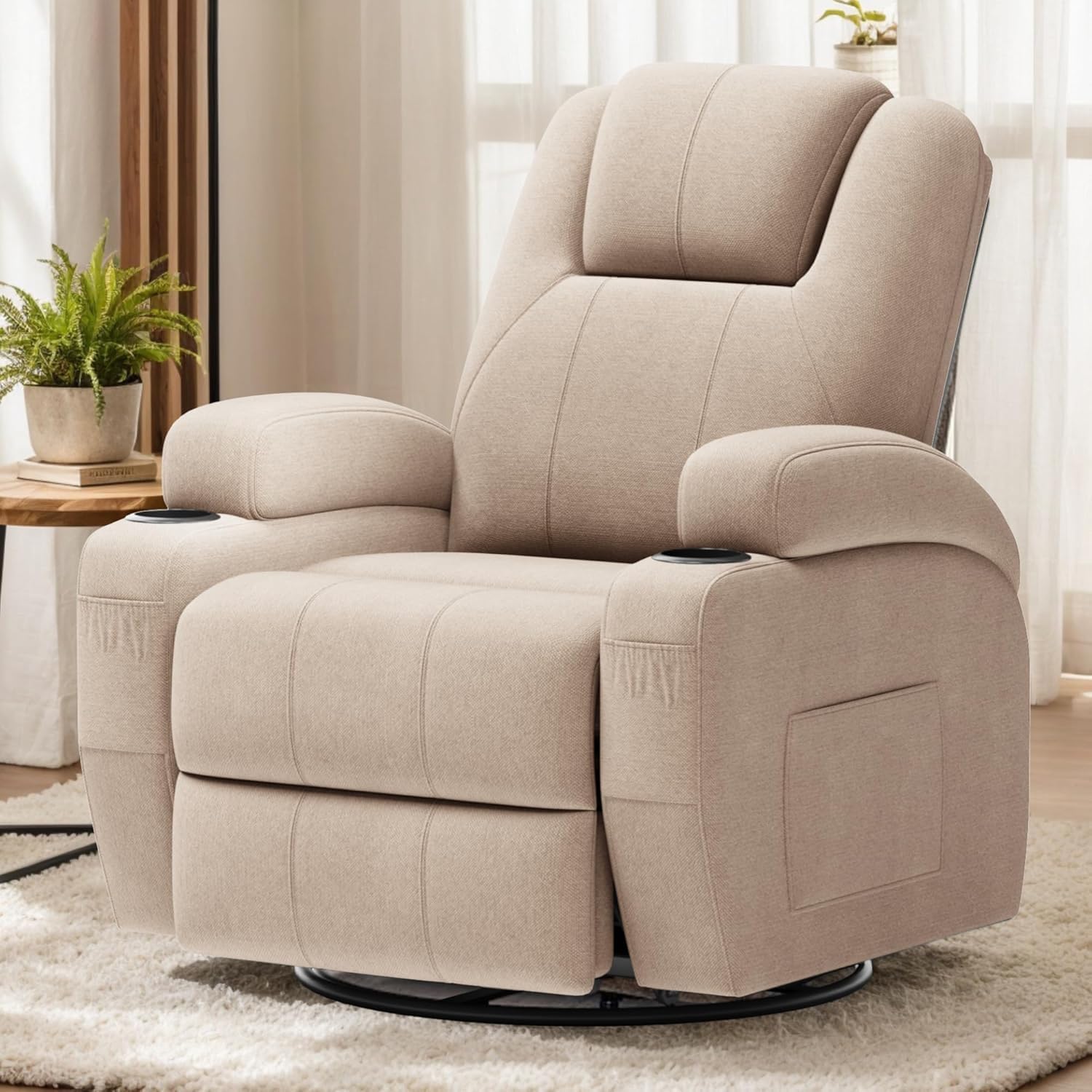 Flamaker Swivel Rocker Recliner Chair with Vibration Massage, 360° Swivel Recliner Chairs for Adults Ergonomic Lounge Chair with Cup Holders Lazy Boy Recliner Single Sofa Seat (Fabric, Khaki)