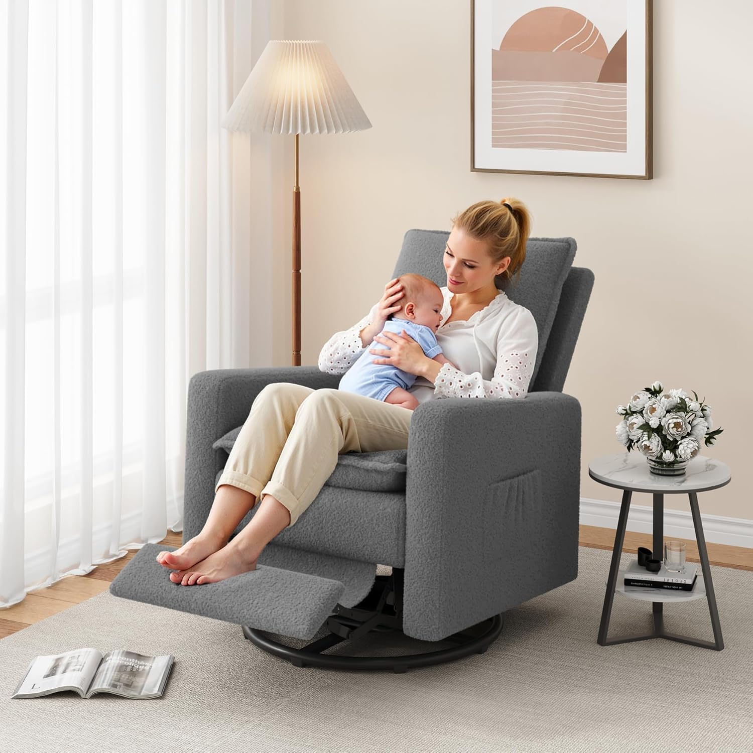 Amopatio Swivel Glider Recliner for Indoor, Nursery Rocker Chair Upholstered Single Sofa with Side Pockets and Footrest for Living Room Bedroom