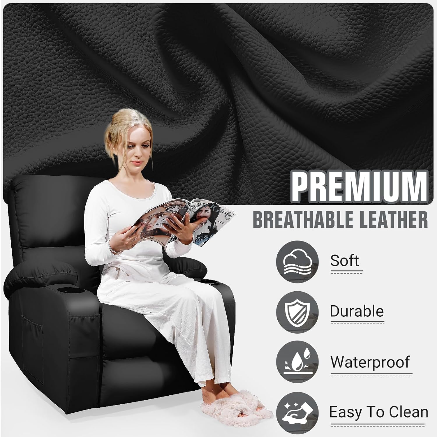 LAFWELL Rocking Recliner Chair, Massage Rocker Recliner Chair with Vibration Massage and Heat, 360° Swivel Faux Leather Chairs, Living Room, Bedroom, Nursery, RV, Black