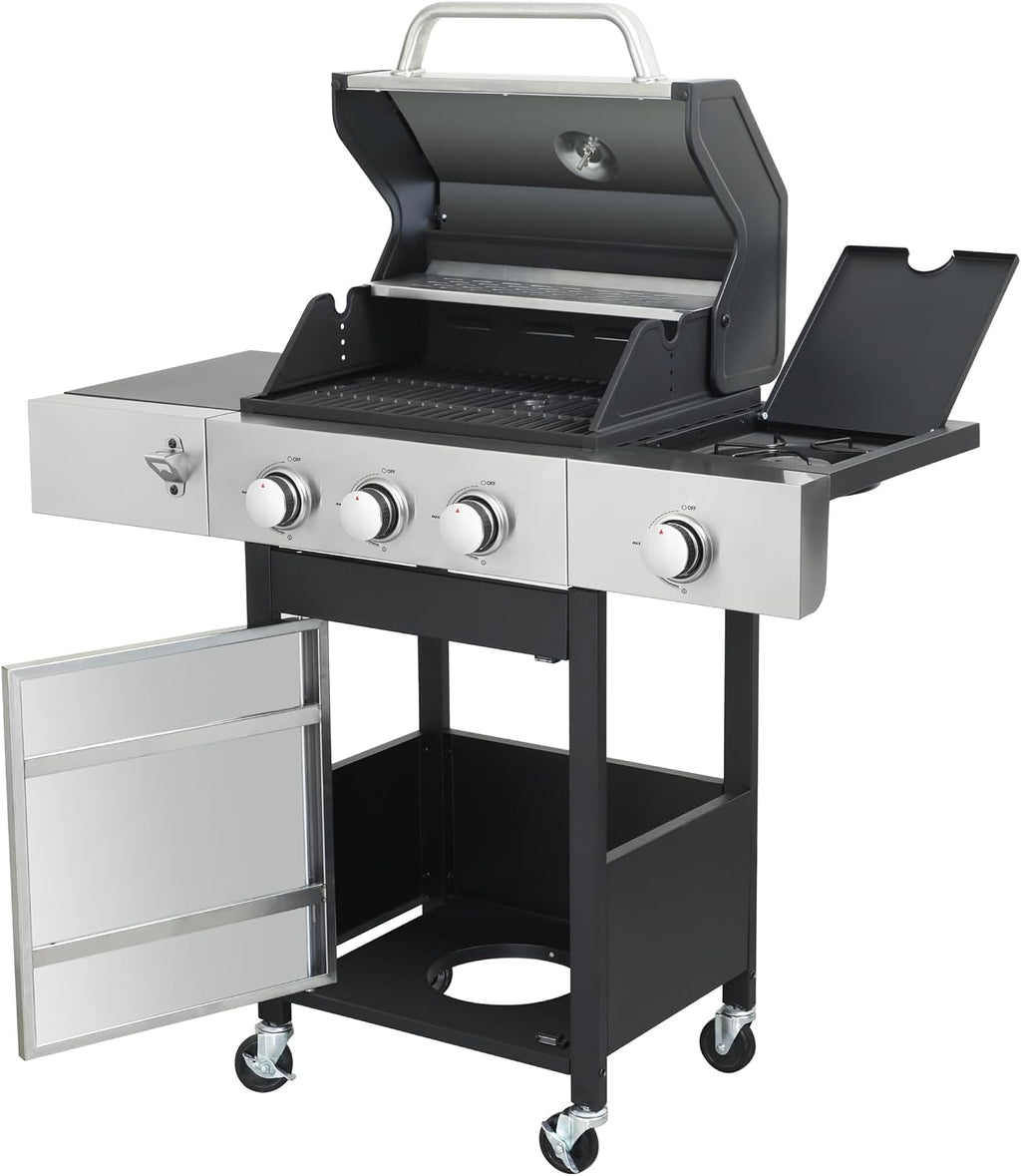 BBQ Grill, 3-Burner Propane Gas Grill with Side Burner, 37,230 BTU Output, Enameled Cast Iron Cooking Grids & Stainless Steel Front Door for Outdoor BBQ, Camping, and Family Gatherings