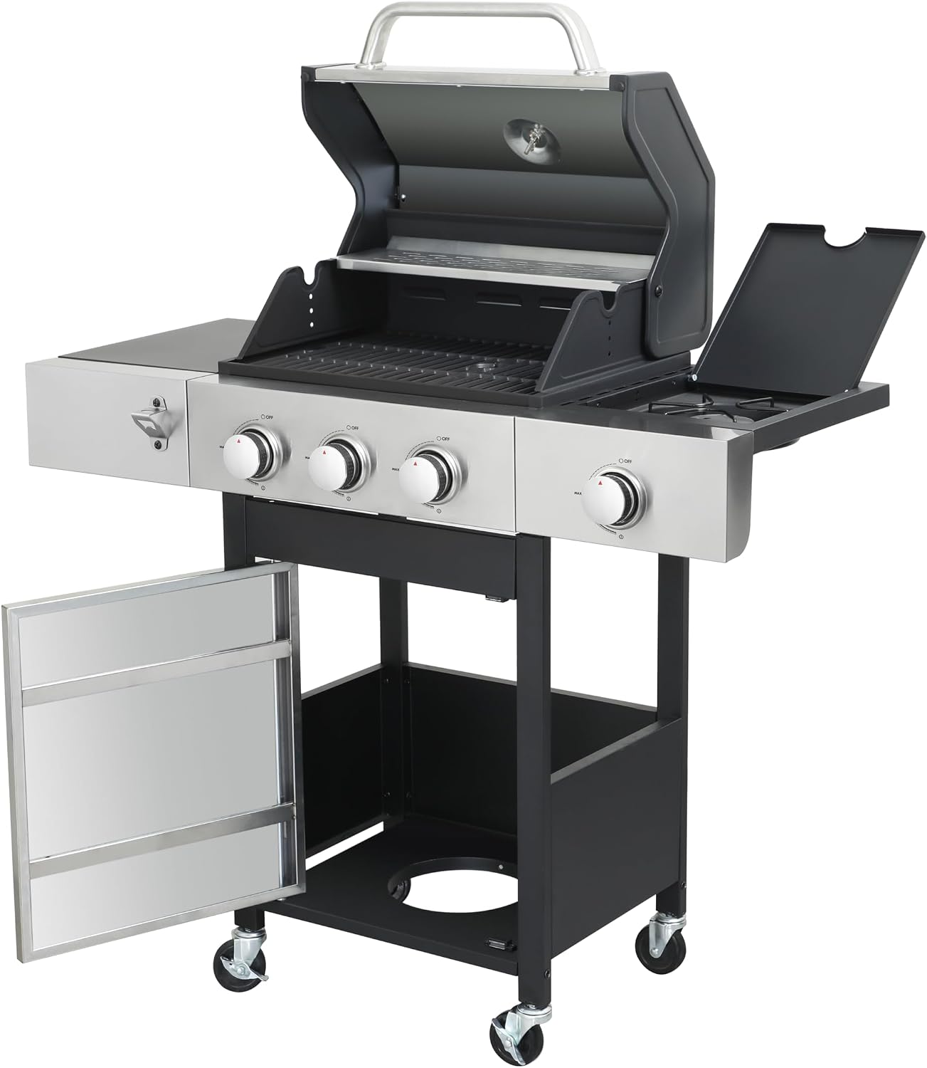 BBQ Grill, 3-Burner Propane Gas Grill with Side Burner, 37,230 BTU Output, Enameled Cast Iron Cooking Grids & Stainless Steel Front Door for Outdoor BBQ, Camping, and Family Gatherings
