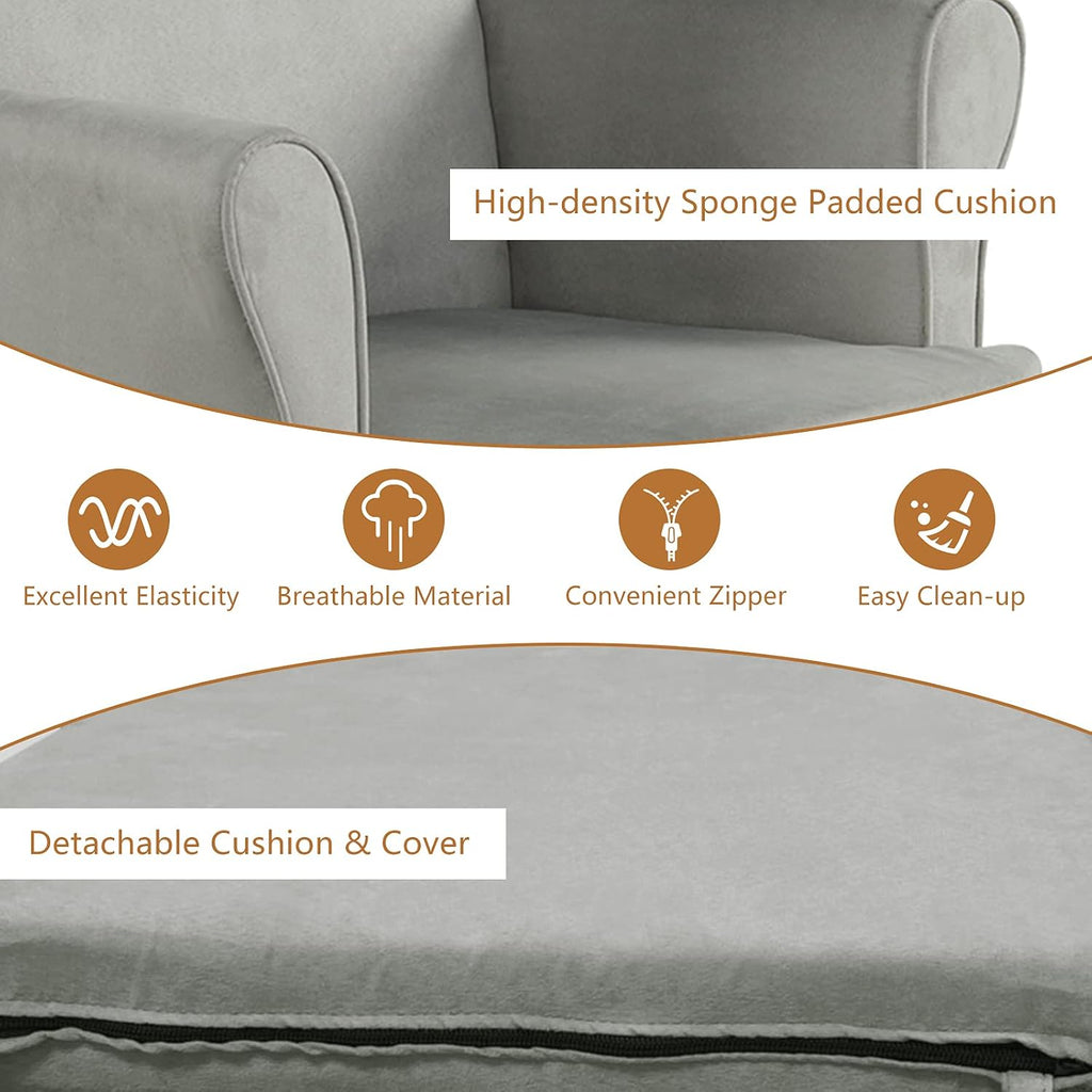 Costzon Glider and Ottoman Set, Wood Baby Rocker Nursery Furniture for Napping Reading Nursing, Cleanable Upholstered Comfort Rocking Nursery Chair with Detachable Cushion (Light Gray)