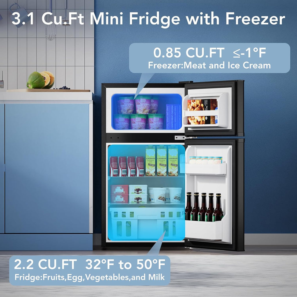Electactic 3.1 Cu.Ft Mini Fridge with Freezer, 2 Door Compact Refrigerator, Mini Fridge with Adjustable Removable Glass Shelves for Bedroom, Office, Dorm or Apartment, Black