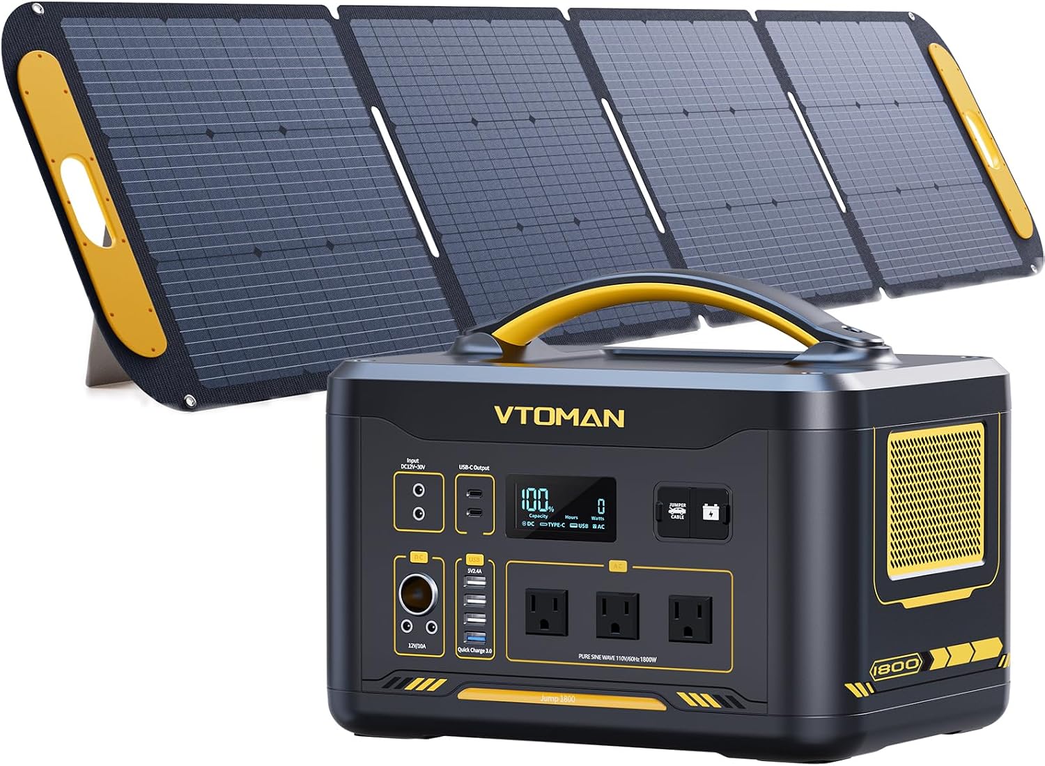 VTOMAN Jump 1800 Portable Power Station with 200W Solar Panel, 1548Wh Battery 1800W AC Outlets (3600W Peak) /100W USB-C Output Fast Charge, Large Solar Generator for Outdoor, Camping, Backup
