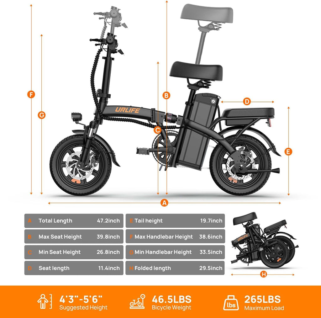 URLIFE Folding Electric Bike for Adults, 14' Portable Commuter ebikes, 20-40 Mile Long Range, 500W Peak Motor, 20MPH, UL 2849 Mini Bikes for Teens