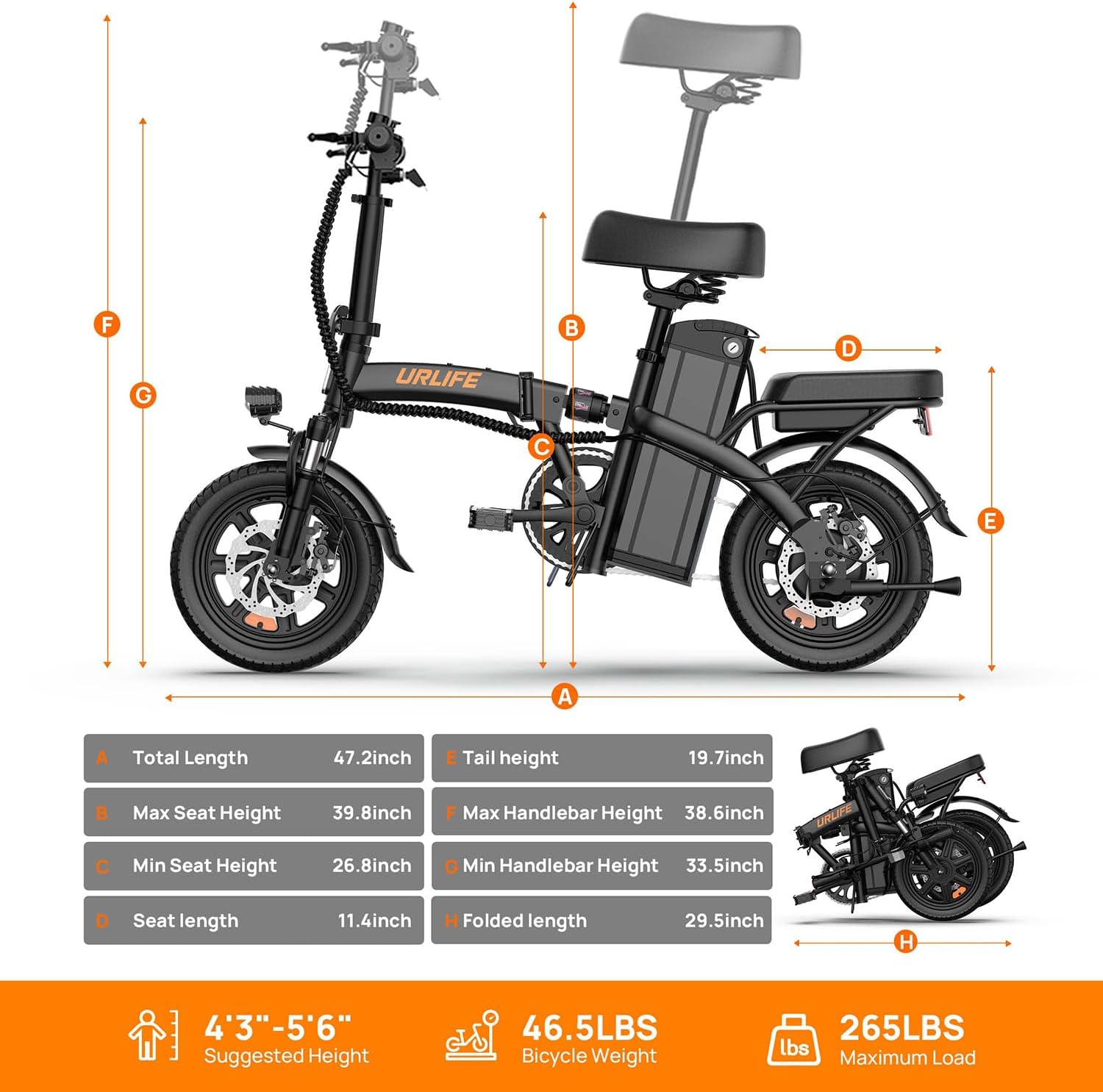 URLIFE Folding Electric Bike for Adults, 14' Portable Commuter ebikes, 20-40 Mile Long Range, 500W Peak Motor, 20MPH, UL 2849 Mini Bikes for Teens