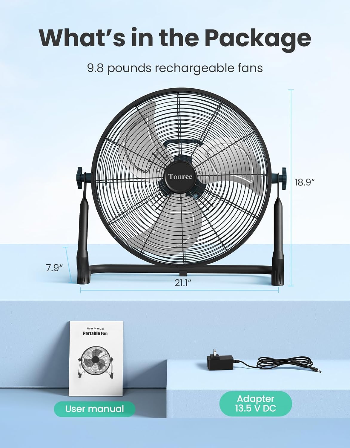 18' Portable Battery Operated Floor Fan, Hi-Velocity Rechargeable Cordless Fan, USB Phone Charge, 12-60H Runtime, Quiet, Wireless, Hi-Airflow, For Camping Home Gym Patio Outdoor Summer Gazebo