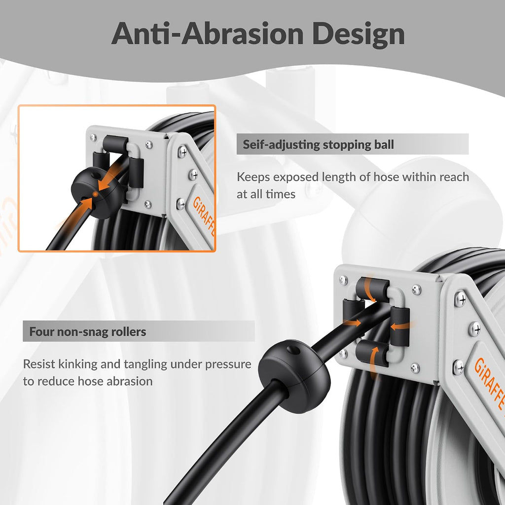 Giraffe Tools Pressure Washer Hose Reel with 65ft Replaceable Hose, Power Washer Retractable Hose Reel, Heavy Duty, Wall/Floor Mounted, 3200 PSI