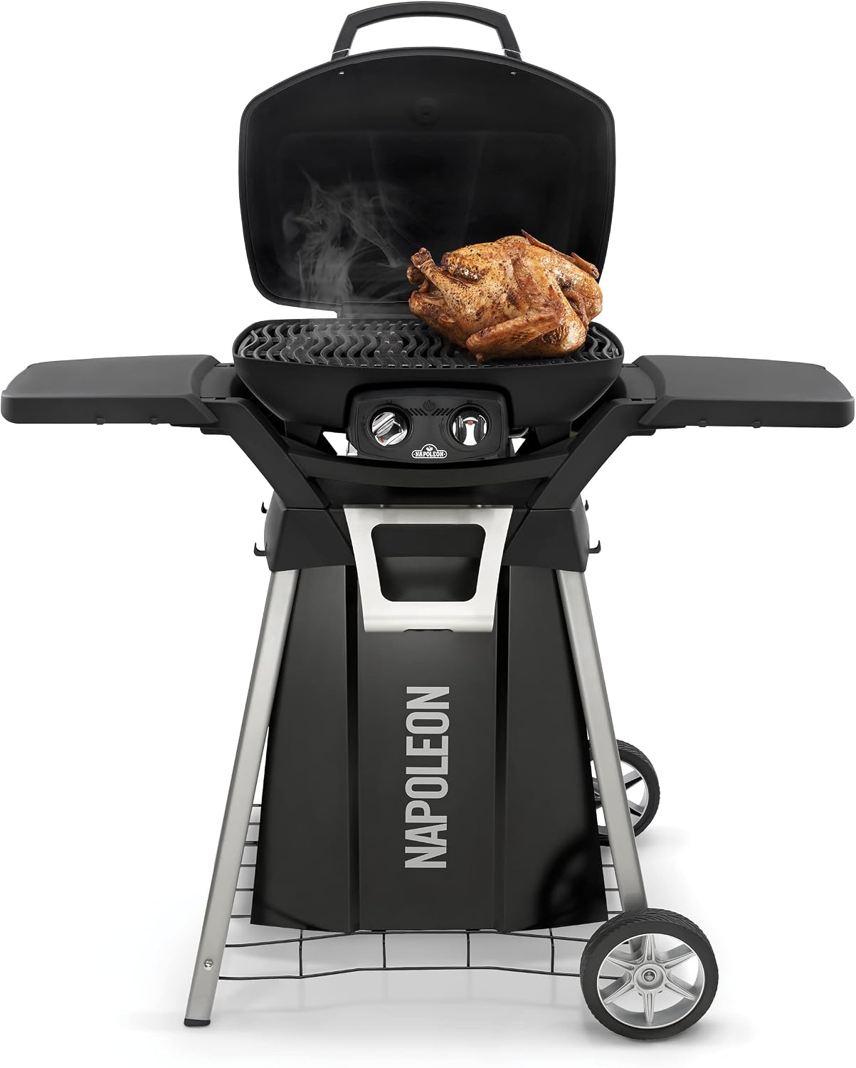 Napoleon BBQ Grill Accessory, TravelQ Stand for PRO285, Stainless Steel Condiment Tray, Integrated Bottle Opener, Concealed Propane Storage, Removable Side Shelves, All-Season Wheels