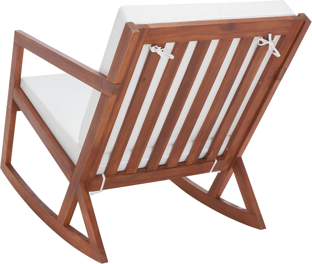 SAFAVIEH Outdoor - Vernon Rocking Chair - Natural & Beige - Solid Wood with Cushion - Shaker-Inspired Slatted Design - Ideal for Patio, Deck, Porch, Backyard, 24.6' Seat Height (PAT7013A)