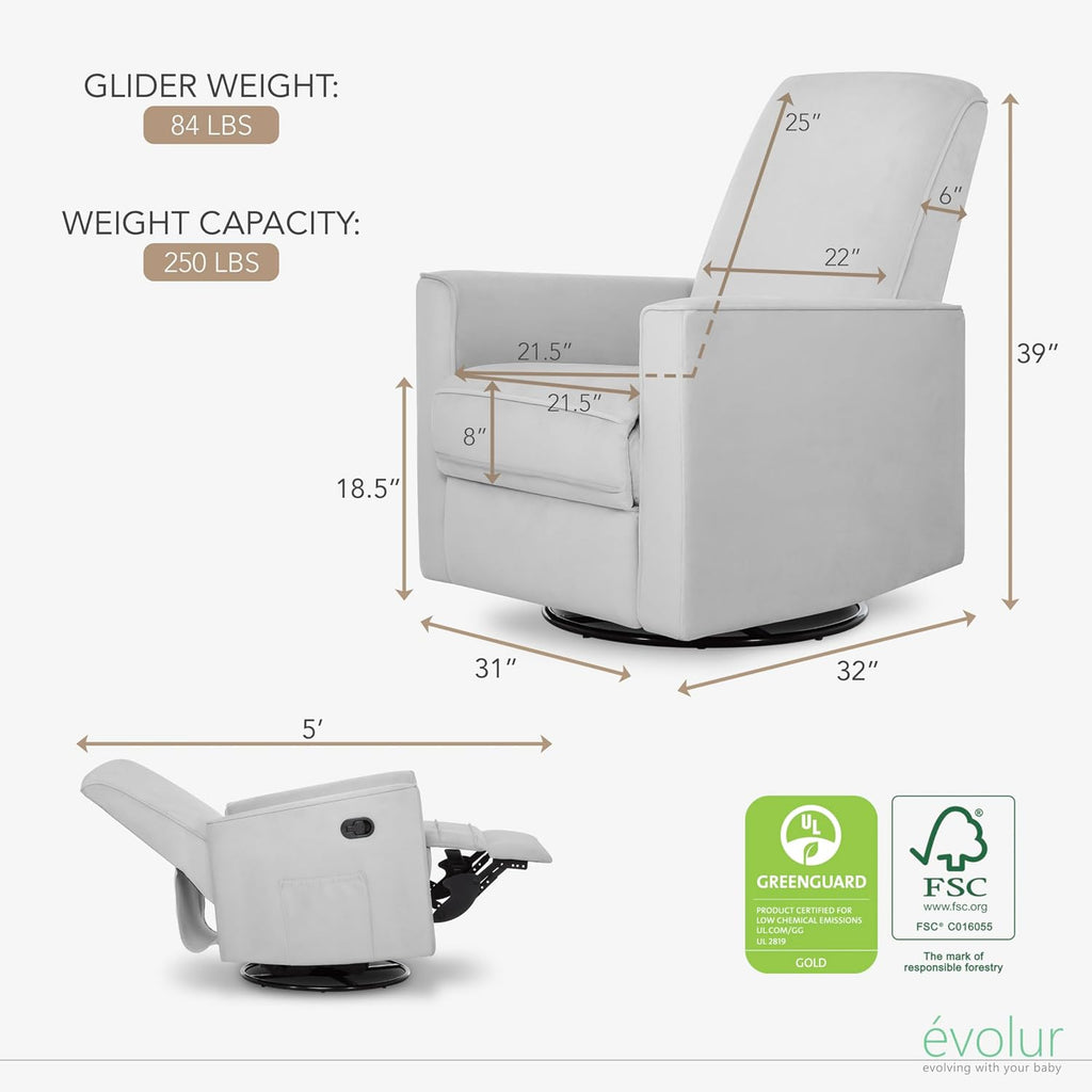 Evolur Raleigh Upholstered Manual Glider Recliner– Rocking & 360° Swivel with Smooth Glide – Greenguard Gold & FSC Certified – Modern Nursery and Living Room Chair in Grey