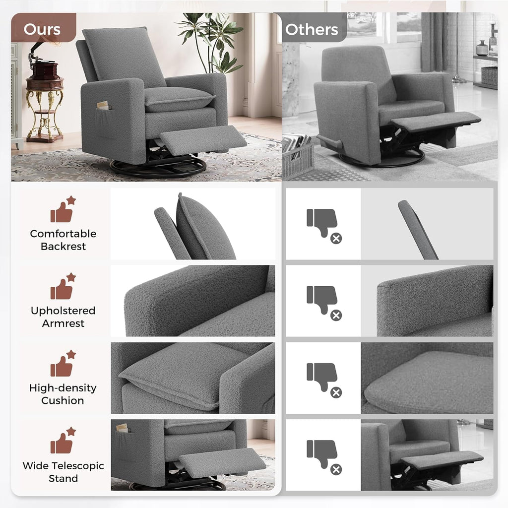 Amopatio Swivel Glider Recliner for Indoor, Nursery Rocker Chair Upholstered Single Sofa with Side Pockets and Footrest for Living Room Bedroom
