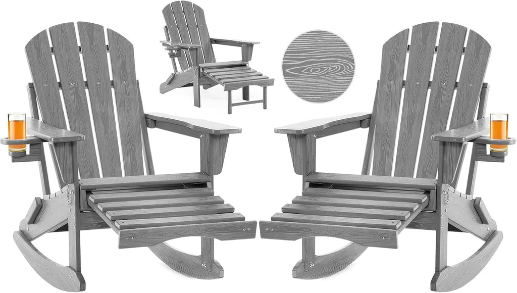 Folding Adirondack Rocking Chair Set of 2,4-in-1 Multifunctional Patio Chairs with Retractable Ottoman, Outdoor Chairs Wood Texture, Lawn Chair for Porch, Backyard, Pool(Grey)