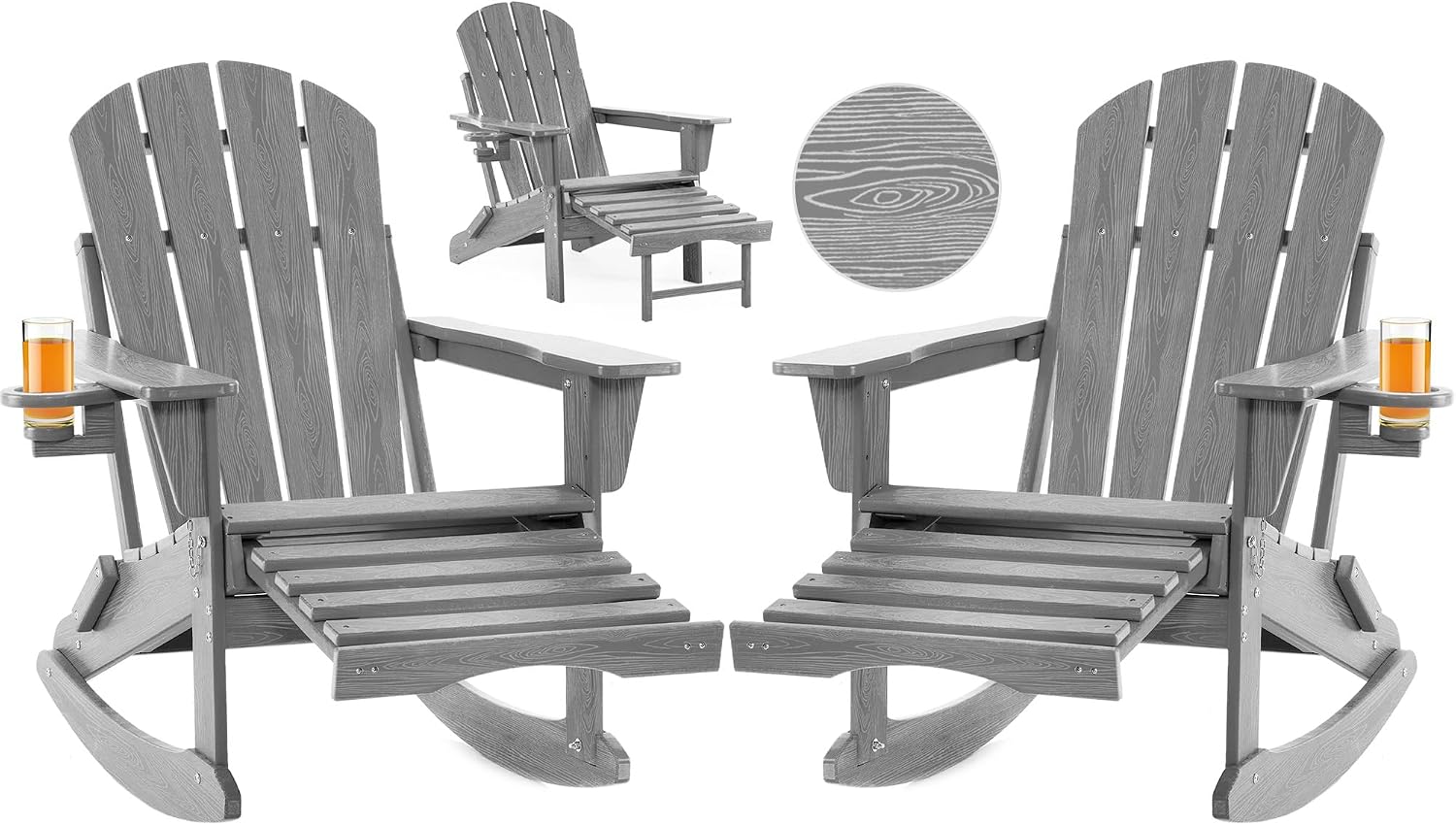Folding Adirondack Rocking Chair Set of 2,4-in-1 Multifunctional Patio Chairs with Retractable Ottoman, Outdoor Chairs Wood Texture, Lawn Chair for Porch, Backyard, Pool(Grey)