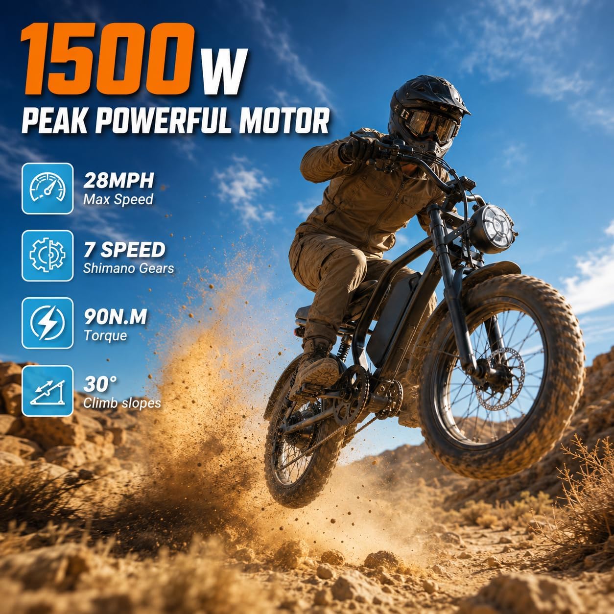 Electric Bike for Adults, 1500W Peak Motor 28 MPH 50Miles, Fat Tire Ebike with 48V Removable Battery 20'x4.0' ebikes for Adults Hydraulic Suspension and 7-Speed, All-Terrain Unisex ebikes