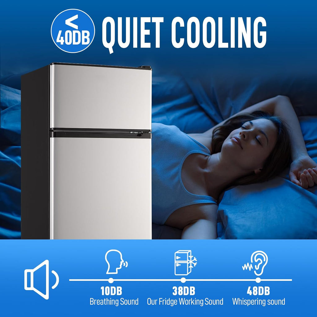 WANAI Mini Fridge with Freezer, 3.5 cubic feet 2- Doors Small Refrigerator Features 7 Gear Mechanical Control, Side Bottle Rack, Ideal for Dorm, Kitchen, Apartment, Office, Silver