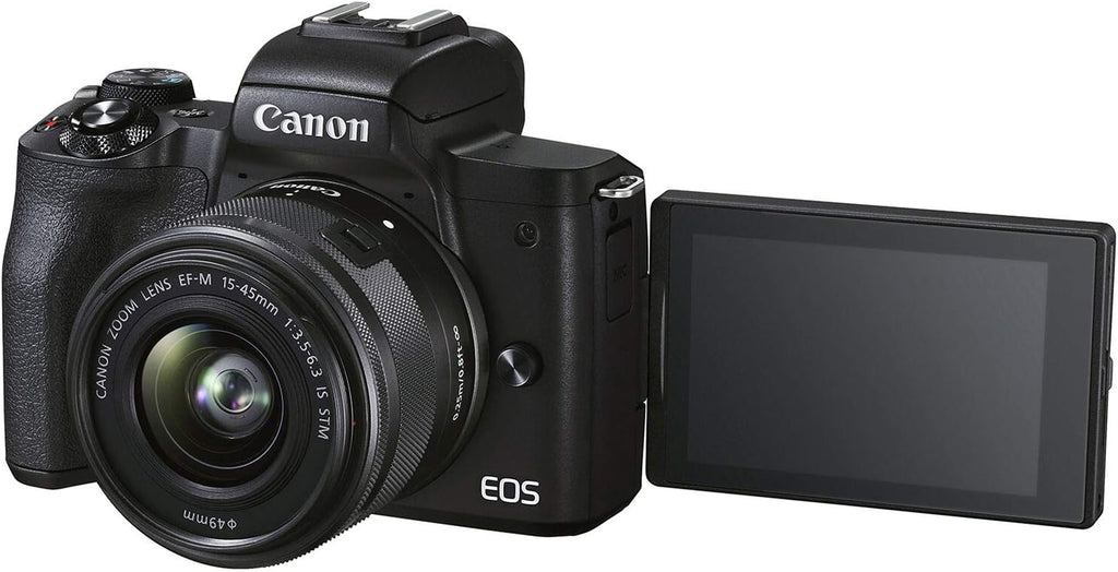 Canon EOS M50 Mark II Mirrorless Digital SLR with 15-45mm Lens (Black) + 64GB Memory Card, 3pc Filter Kit, Tripod, Card Reader + Photo Bundle, compact (Renewed)