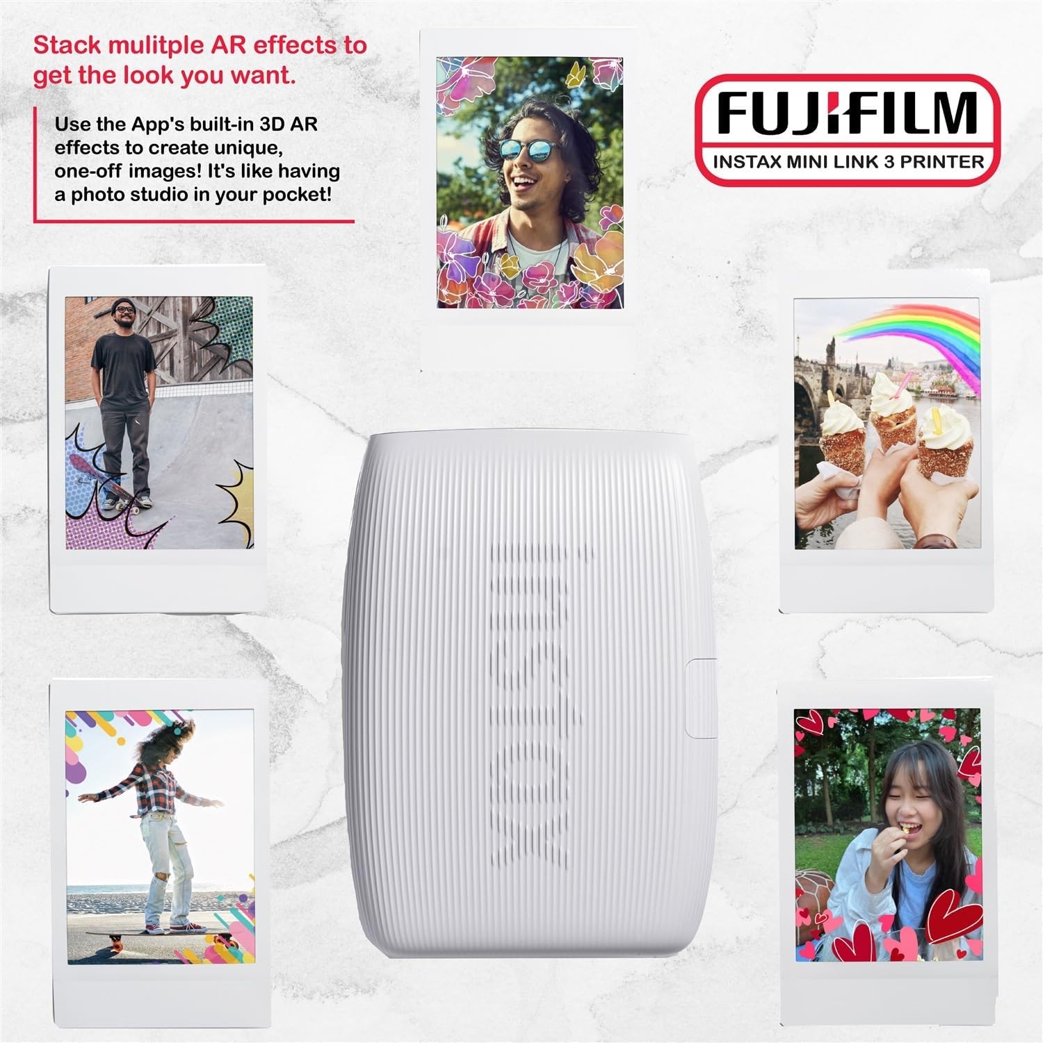 Fujifilm Instax Mini Link 3 Printer Bundle Instax Mini Film (40 Sheets), Link 3 Protective Case (Clay White)