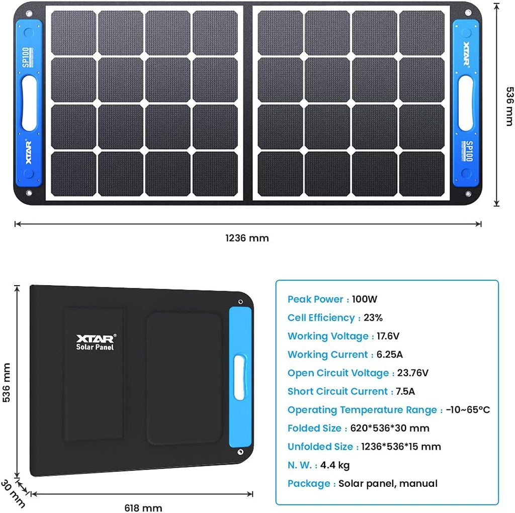 XTAR SP100 100w Solar Panel, Portable Solar Panel Solar Power, Foldable Solar Panel with Independent Charger, Solar Power Panel for Power Station Solar Generator RV Solar Camping 1Pack-1