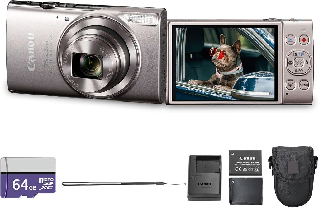 Canon PowerShot ELPH 360 HS A Digital Camera (Silver) | 20.2MP CMOS Sensor, 12x Optical Zoom & Built-in Wi-Fi | Compact Point-and-Shoot for Travel (7283C001) + 64GB Card + Case+ More