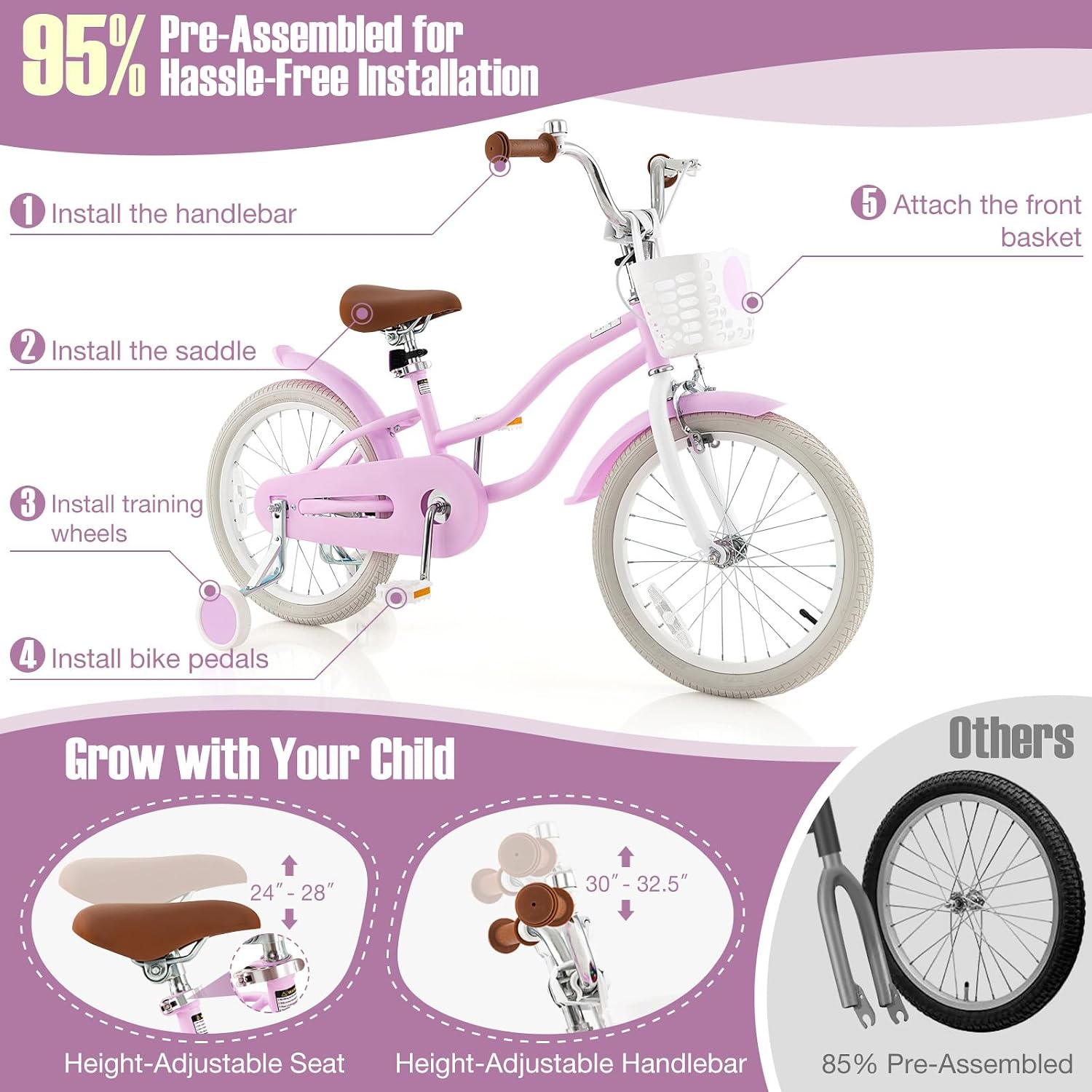 GYMAX Kids Bike for Boys & Girls Aged 3-8 Years, 14/16/18 Inches Children Bicycle w/Training Wheels, Dual Brakes, Adjustable Seat & Handlebar, Toddler Balance Bike