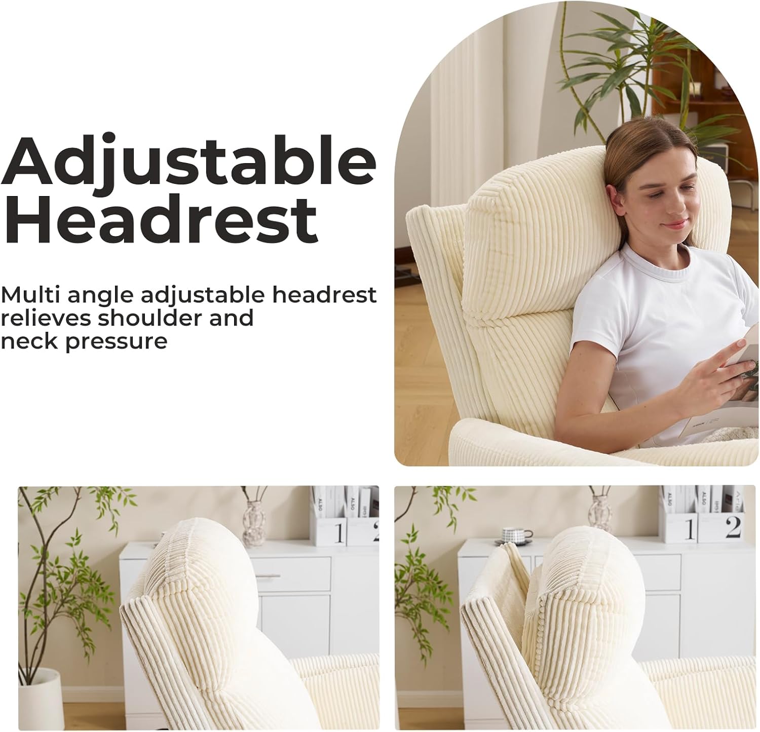 Oversized Swivel Rocker Recliner with Massage and Heat, Swivel Nursery Recliner with Adjustable Headrest, Manual Rocker Recliner Chair with Two Removable Pillows, Rocking Nursery Chair,Corduroy Beige
