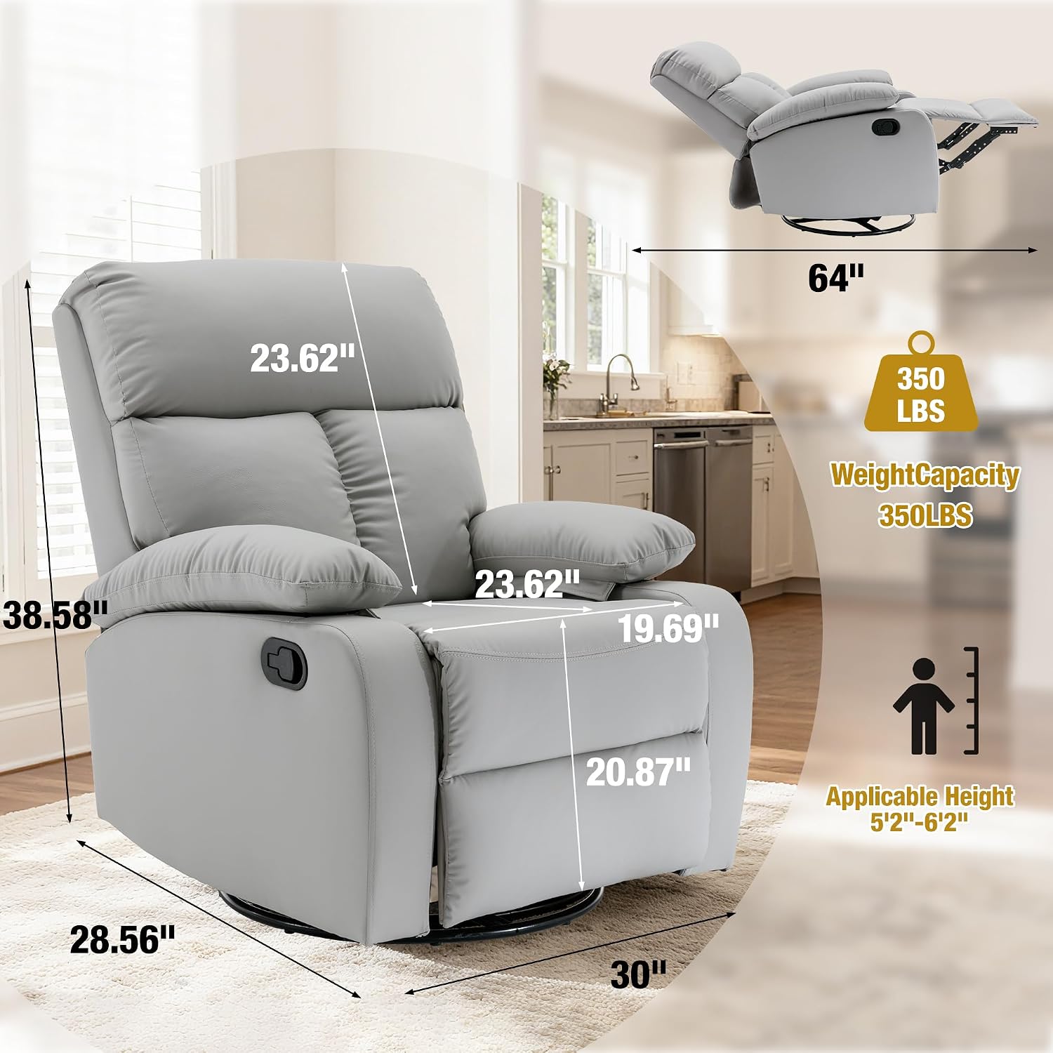hzlagm Swivel Rocker Recliner, Rocking Chair Nursery, Small Rocker Recliners for Small Spaces, Living Room, Bedroom, Nursery, RV, Light Grey
