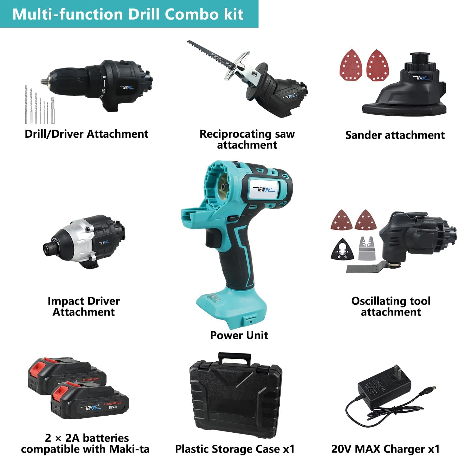 NEWONE 5-Tool Cordless Tool Combo Kit Compatible with Maki-ta 18V Battery,Tool Set with Drill, Reciprocating Saw, Driver, Oscillating Tool, Sander with Accessories, 2.0Ah Lithium Battery and Charger