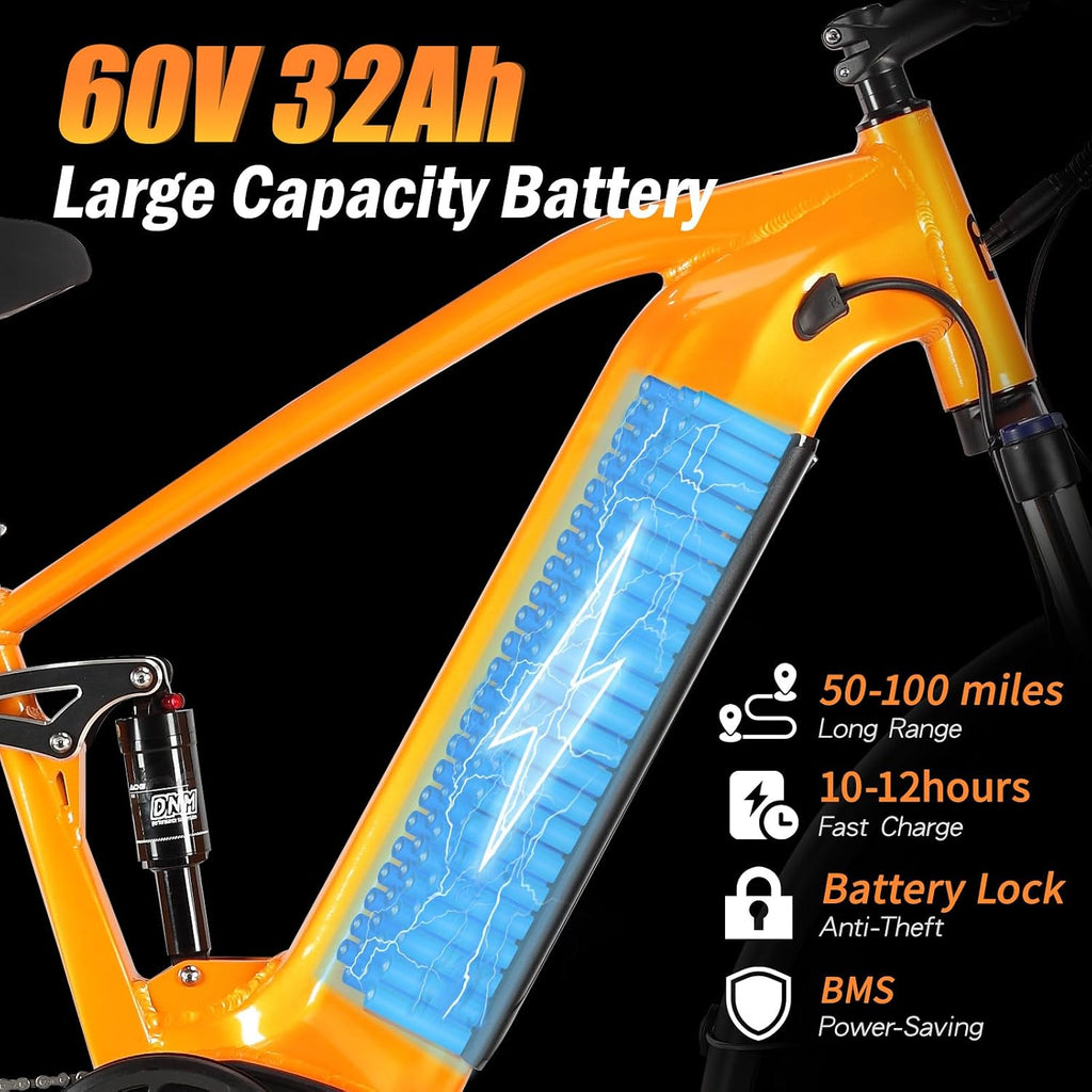 Electric Bike for Adults, 5000𝕨 Dual Motor E-Bike, 60V 32AH Long Range Dirt Bike, Fat Tire Hunting Ebike for All Terrain, Full Suspension Electric Bicycle
